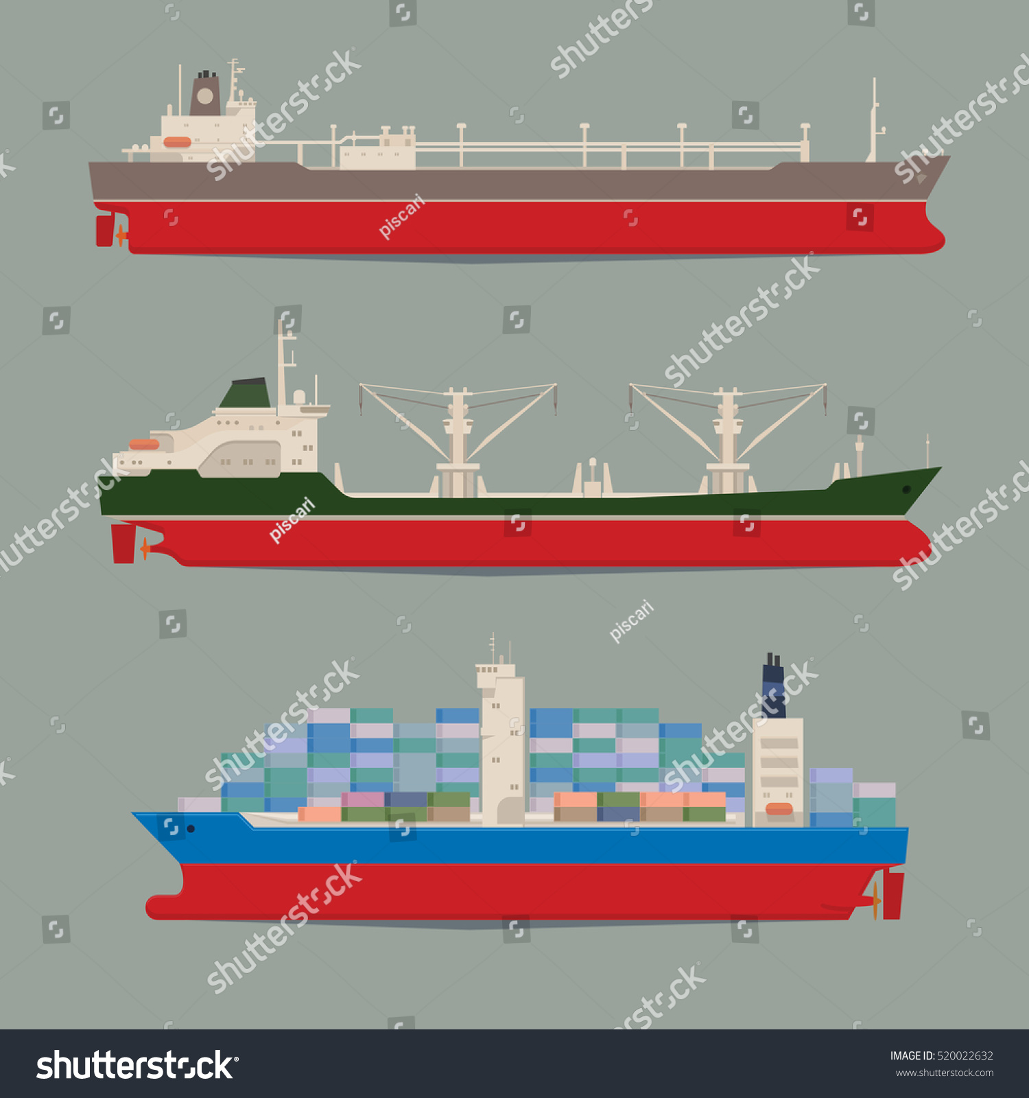 SVG of Cargo ships. Oil tanker, bulk carrier, container ship. Commercial vessels. Goods delivering business industry. Freight ships side view isolated. Vector illustration svg