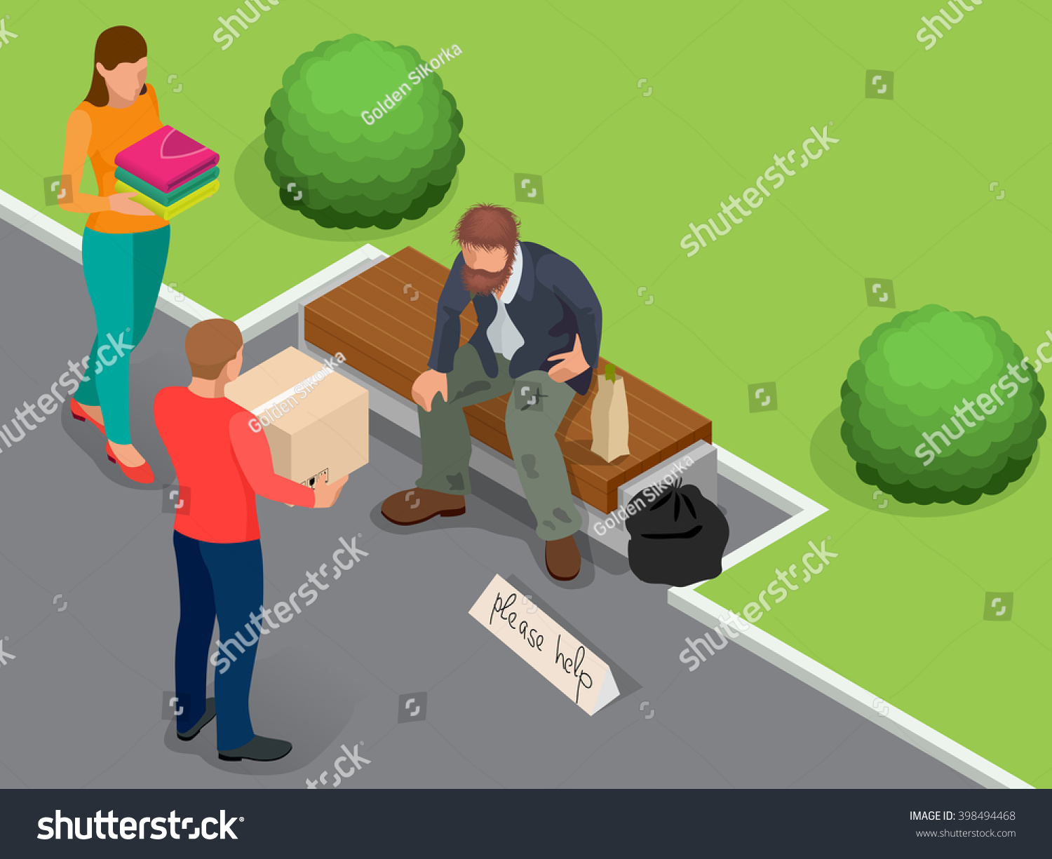 SVG of Caring for homeless. Help Homeless. Dirty homeless man holding sign asking for help. Flat 3d isometric vector illustration. Social problem and Volunteers design concept  svg