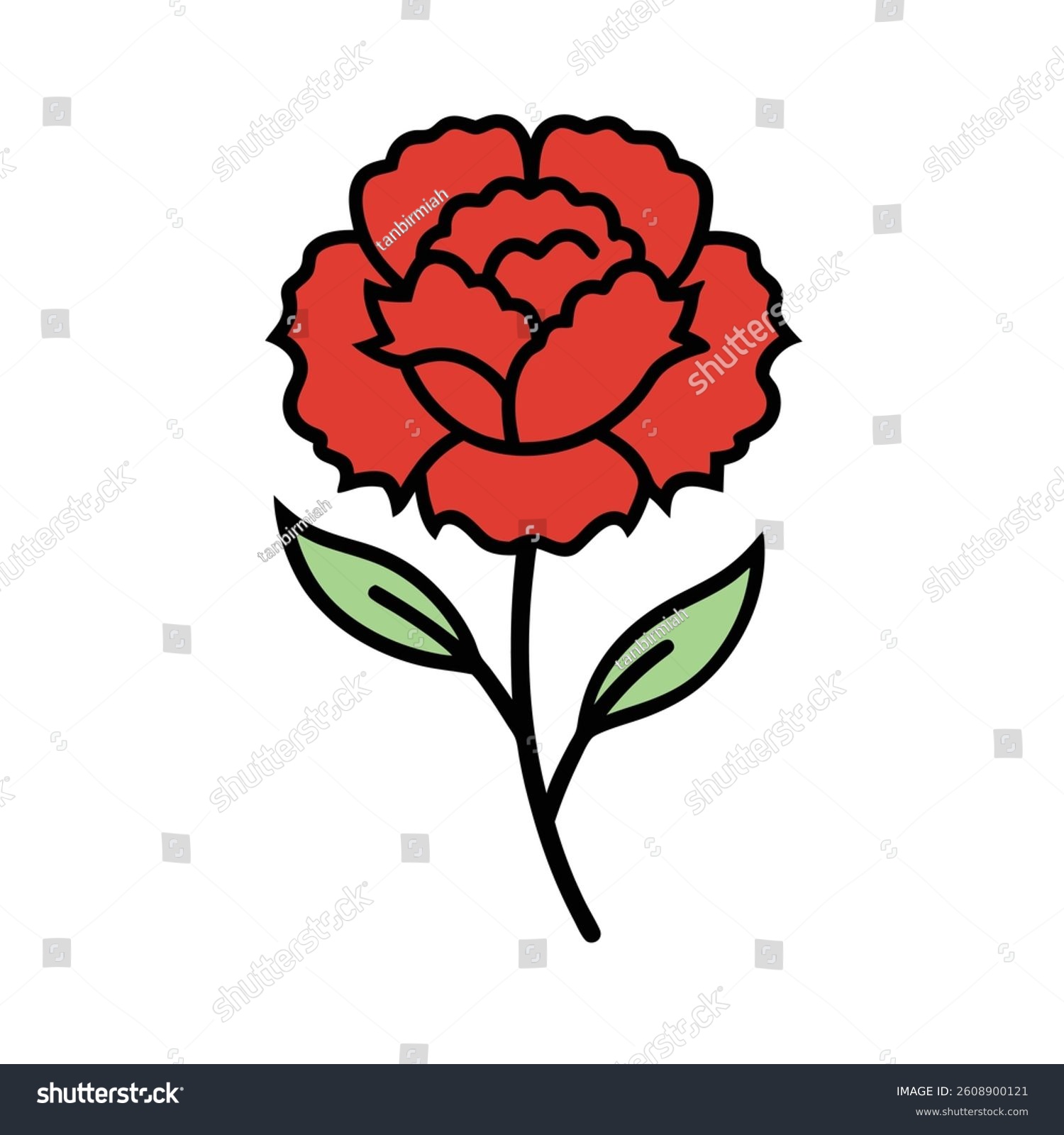 red flower with green leaves, black outline clip art preview