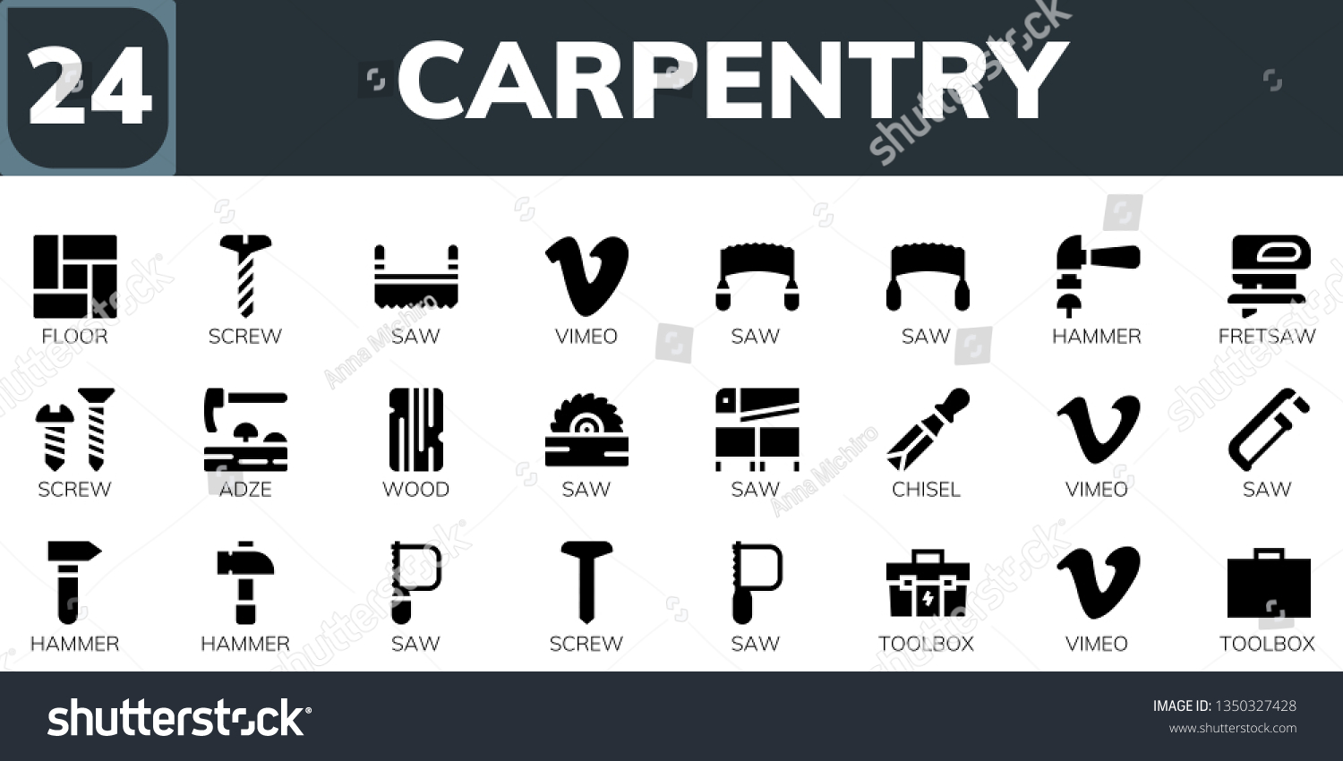 SVG of carpentry icon set. 24 filled carpentry icons.  Collection Of - Floor, Screw, Saw, Vimeo, Hammer, Fretsaw, Adze, Wood, Chisel, Toolbox svg