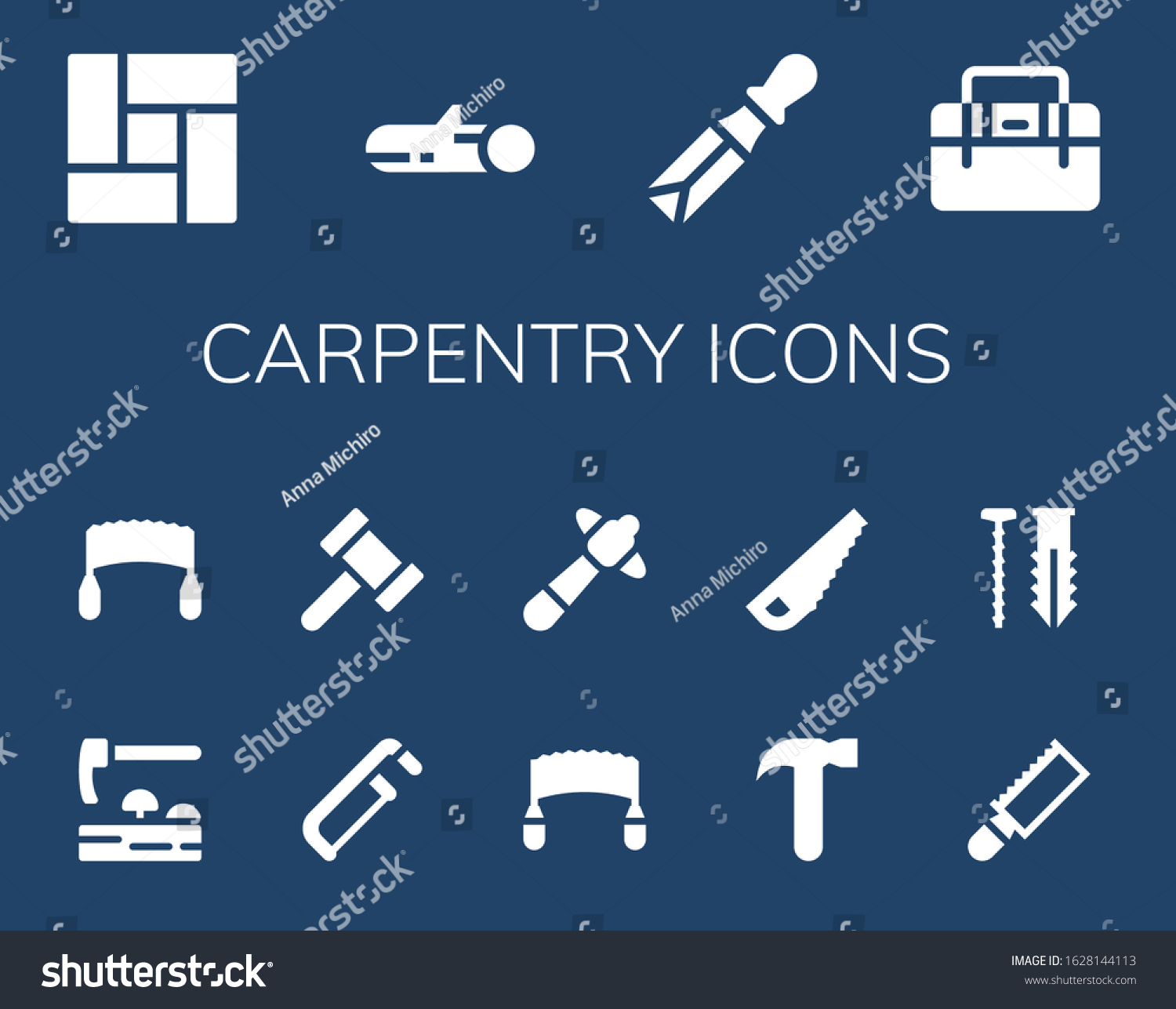 SVG of carpentry icon set. 14 filled carpentry icons. Included Floor, Wood, Chisel, Toolbox, Adze, Saw, Hammer, Screw icons svg