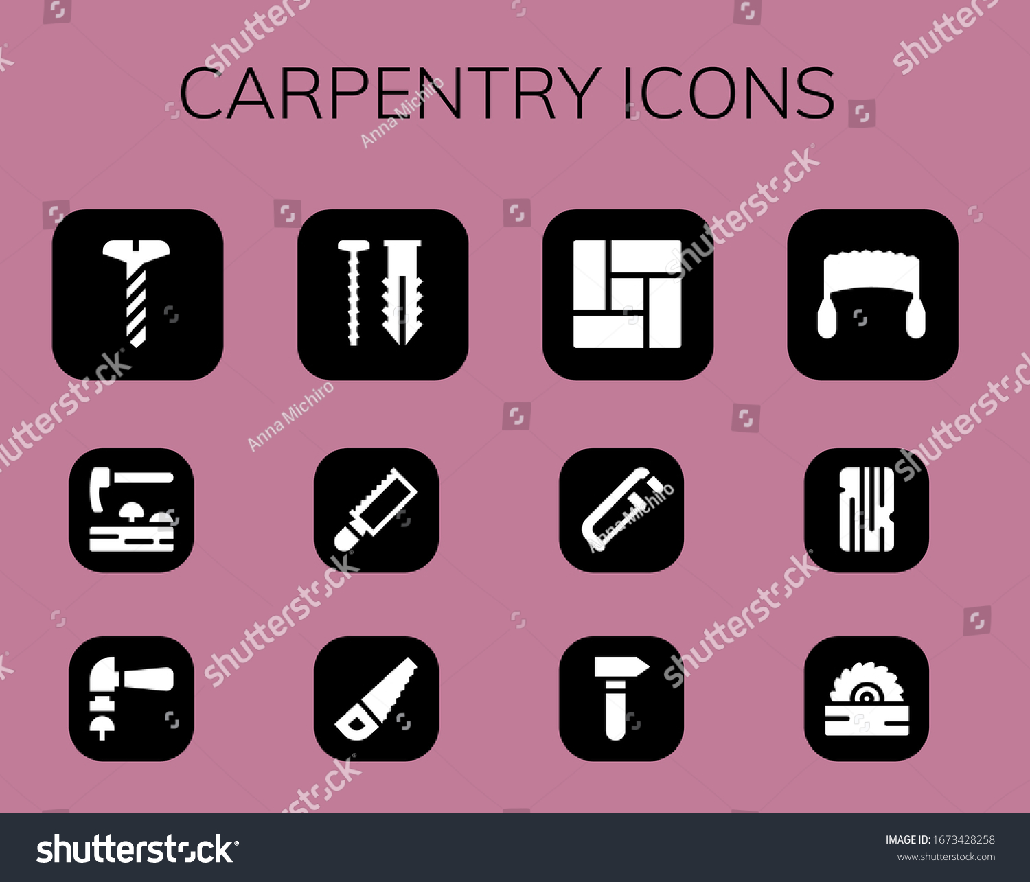 SVG of carpentry icon set. 12 filled carpentry icons.  Simple modern icons such as: Screw, Adze, Hammer, Saw, Floor, Wood svg
