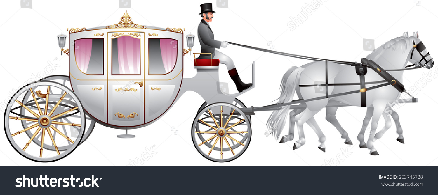 Carriage Pulled By Two White Horses Stock Vector 253745728 - Shutterstock