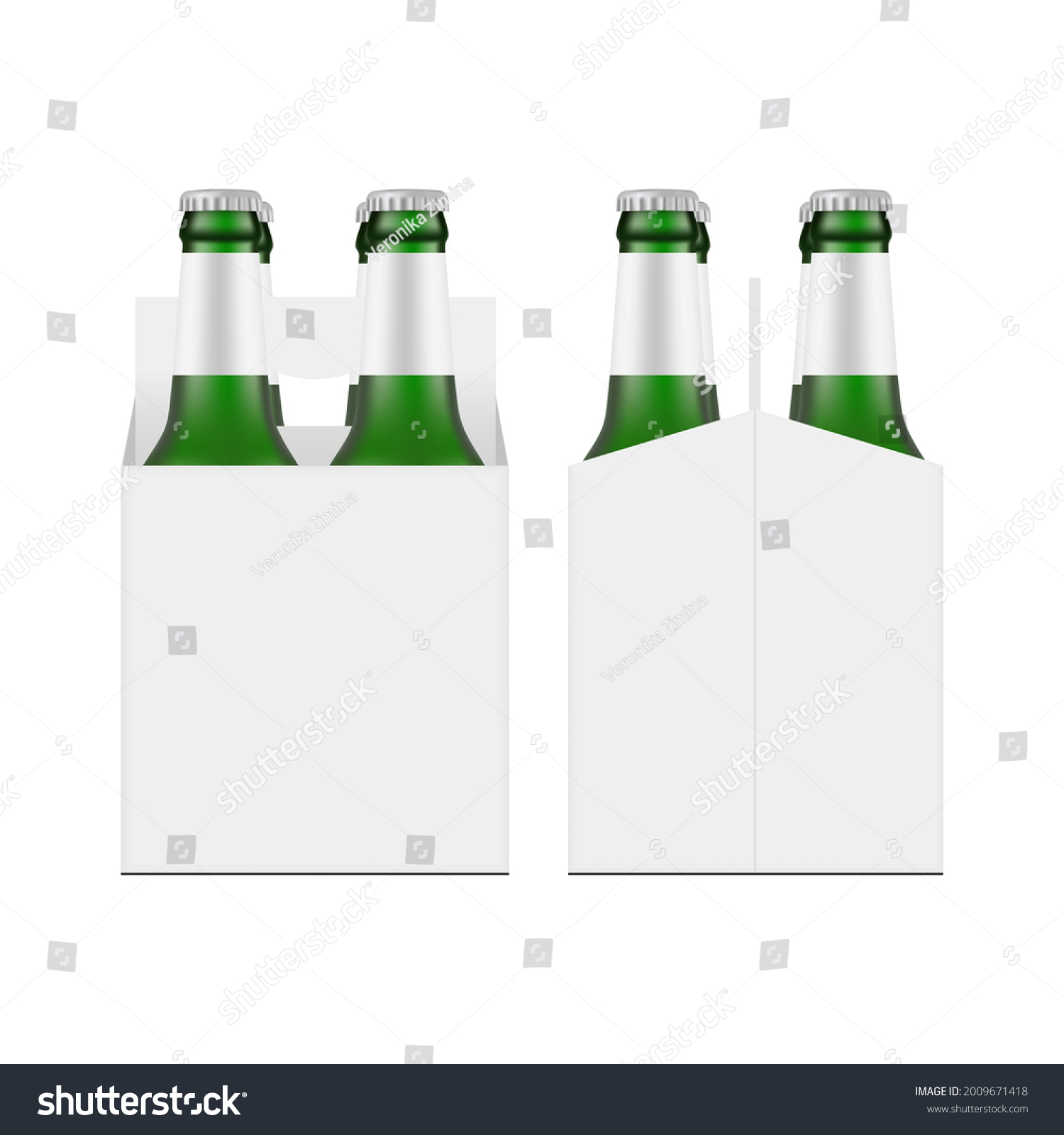SVG of Carrier Box Mockup with Green Glass Beer Bottles, Front and Side View, Isolated on White Background. Vector Illustration svg