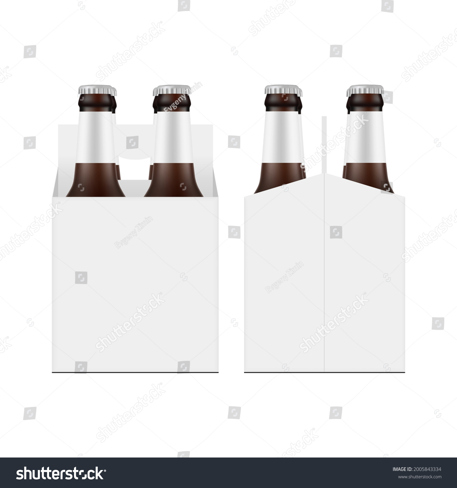 SVG of Carrier Packaging Box Mockup with Four Brown Glass Beer Bottles, Front and Side View, Isolated on White Background. Vector Illustration svg