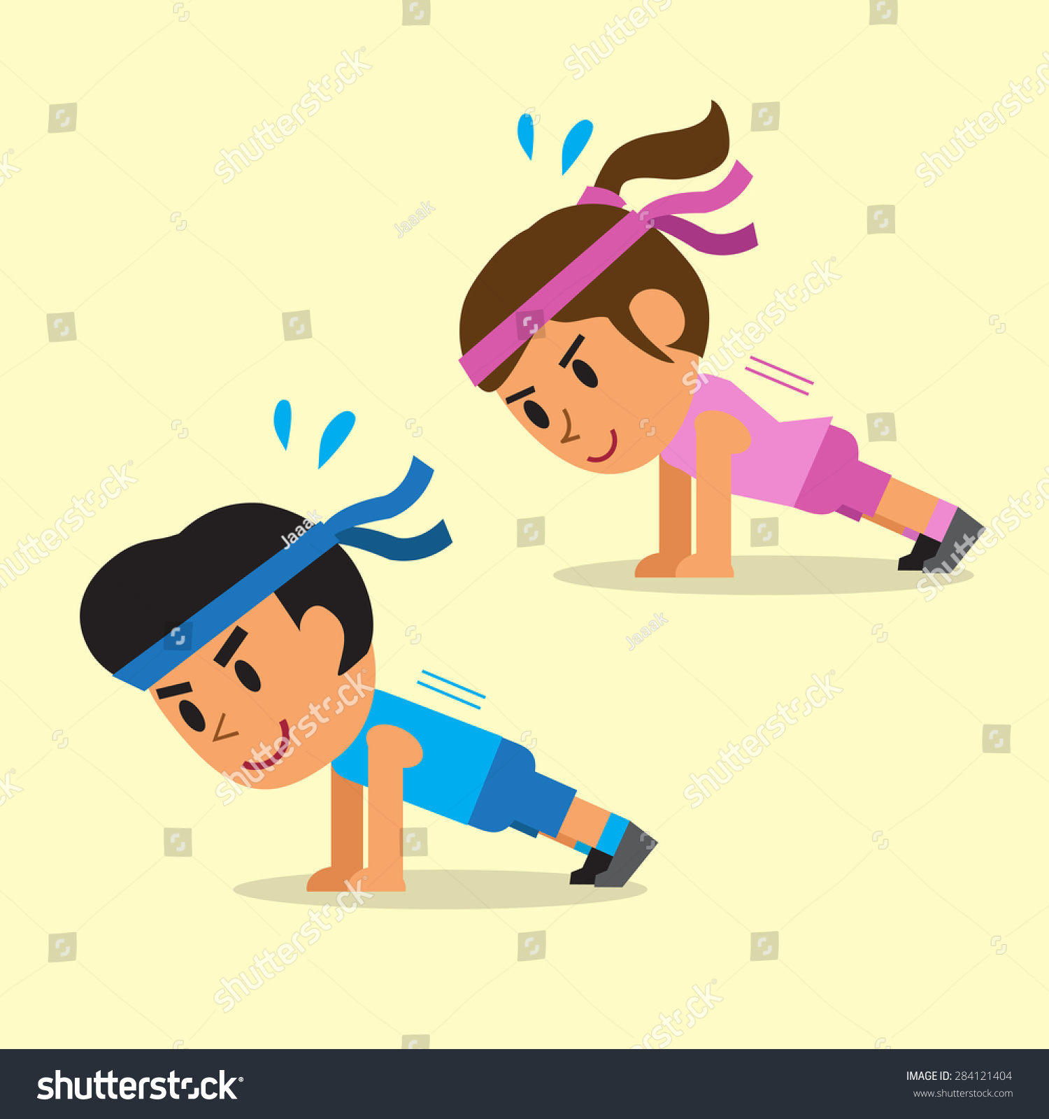 Cartoon A Man And A Woman Exercising Push-Ups Together Stock Vector ...