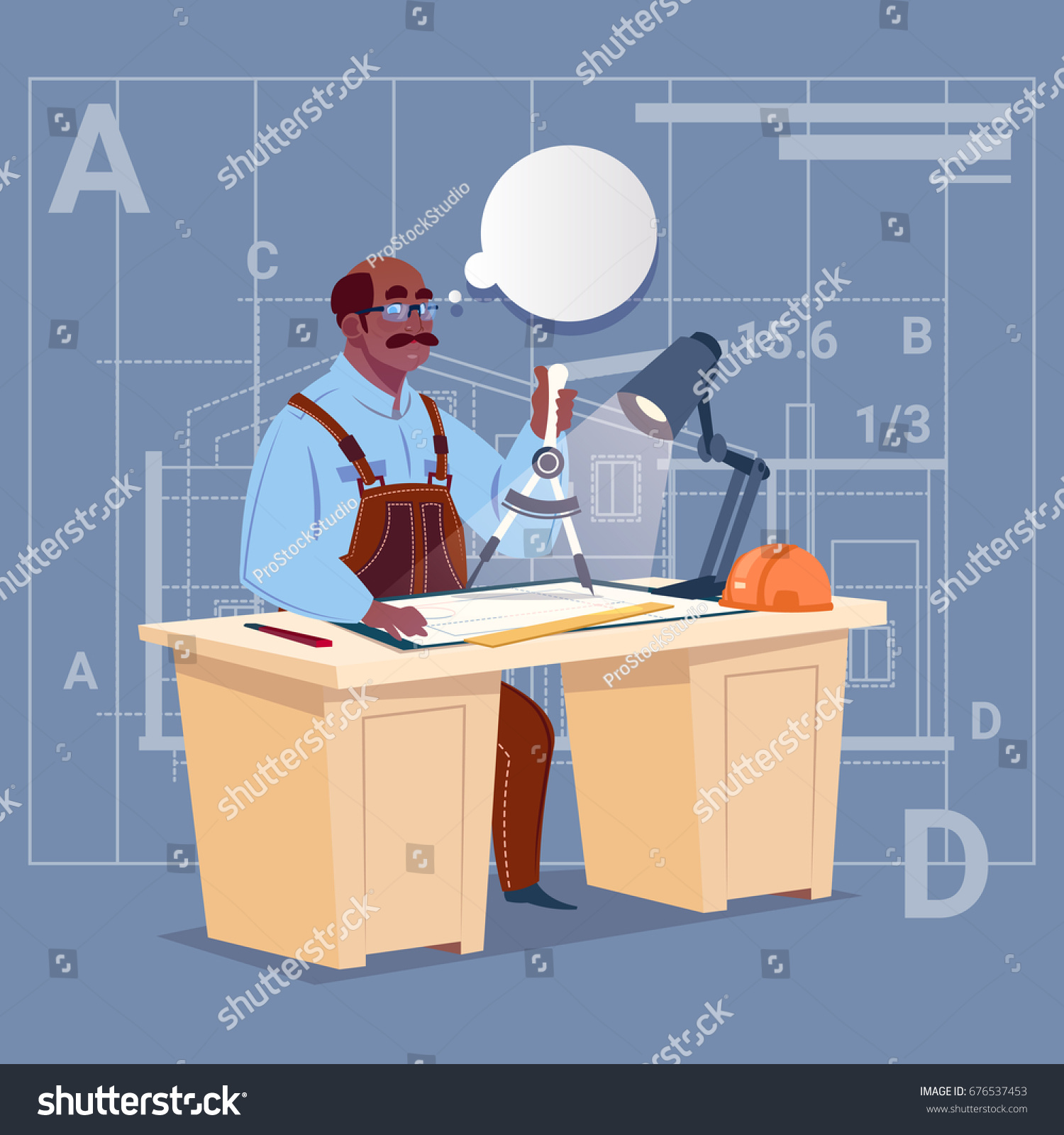 Cartoon African American Builder Sitting Desk Stock Vector Royalty Free 676537453