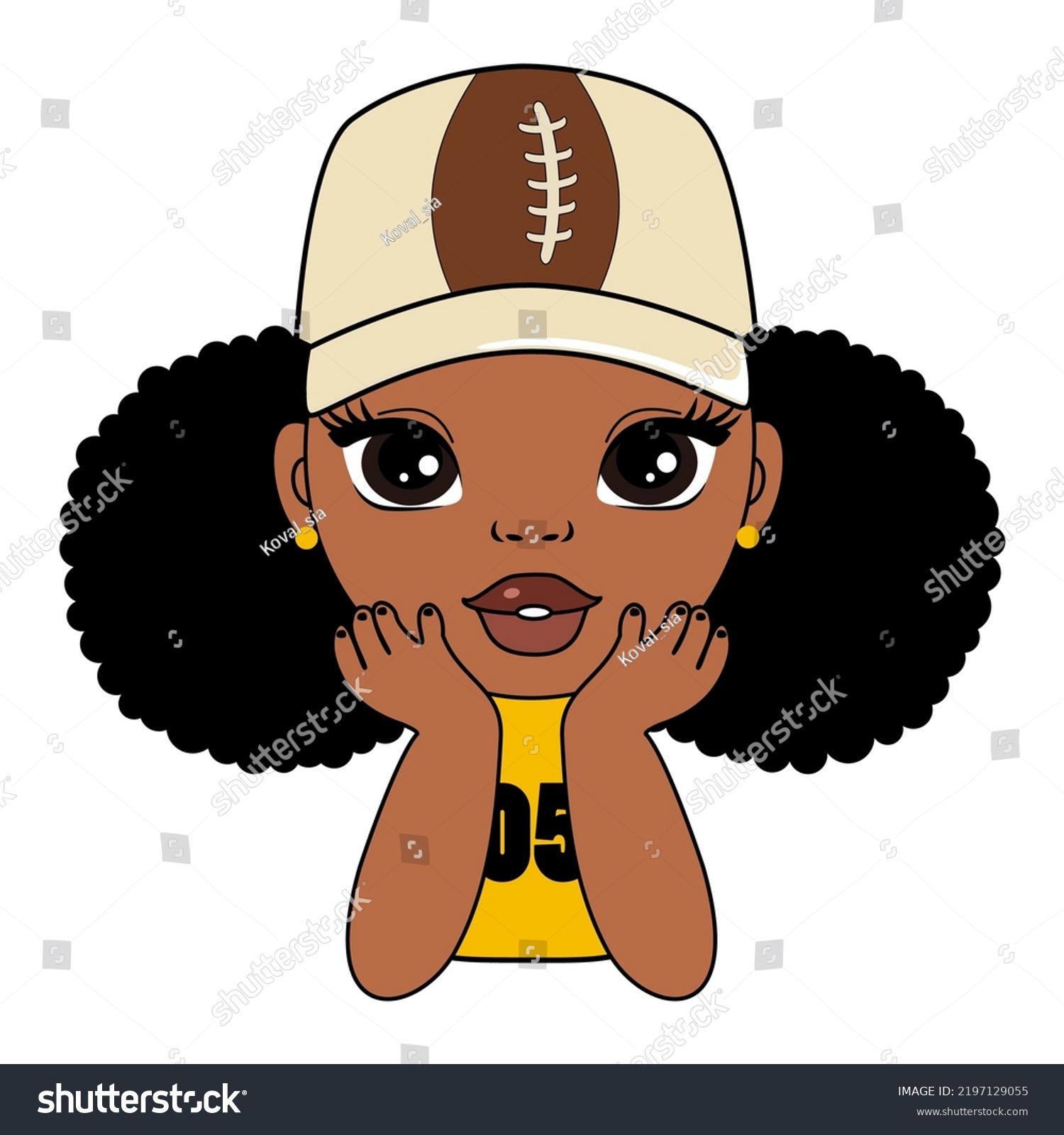 SVG of Cartoon african american girl with a cap with football ball image, little cute baby girl face vector illustration  svg