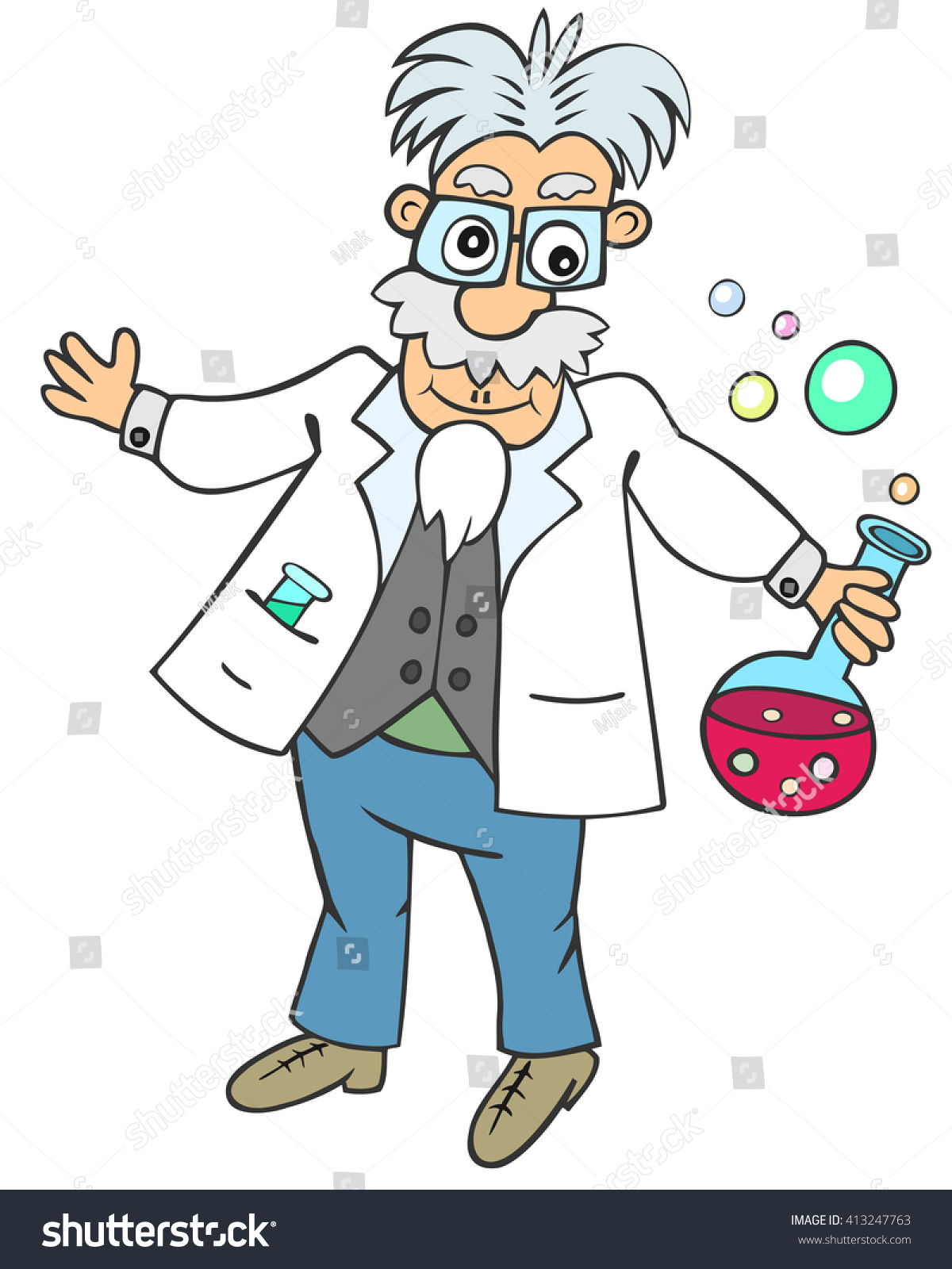 Cartoon Aged Man Holding Round Flask: เวกเตอร์สต็อก (ปลอดค่าลิขสิทธิ์