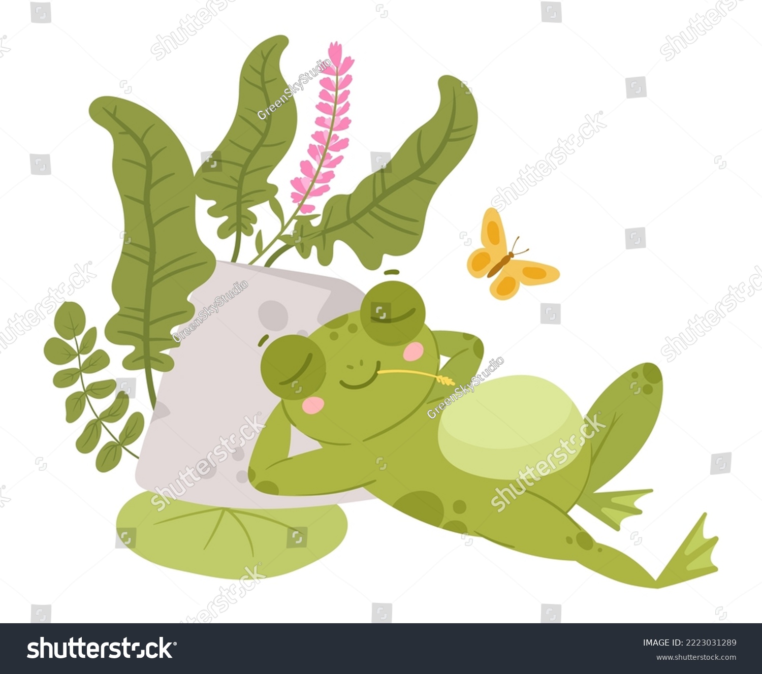SVG of Cartoon amphibia, cute resting frog character. Sleeping green toad in natural habitat, froggy water animal with water lilies and reed flat vector illustration. Tranquil green frog svg