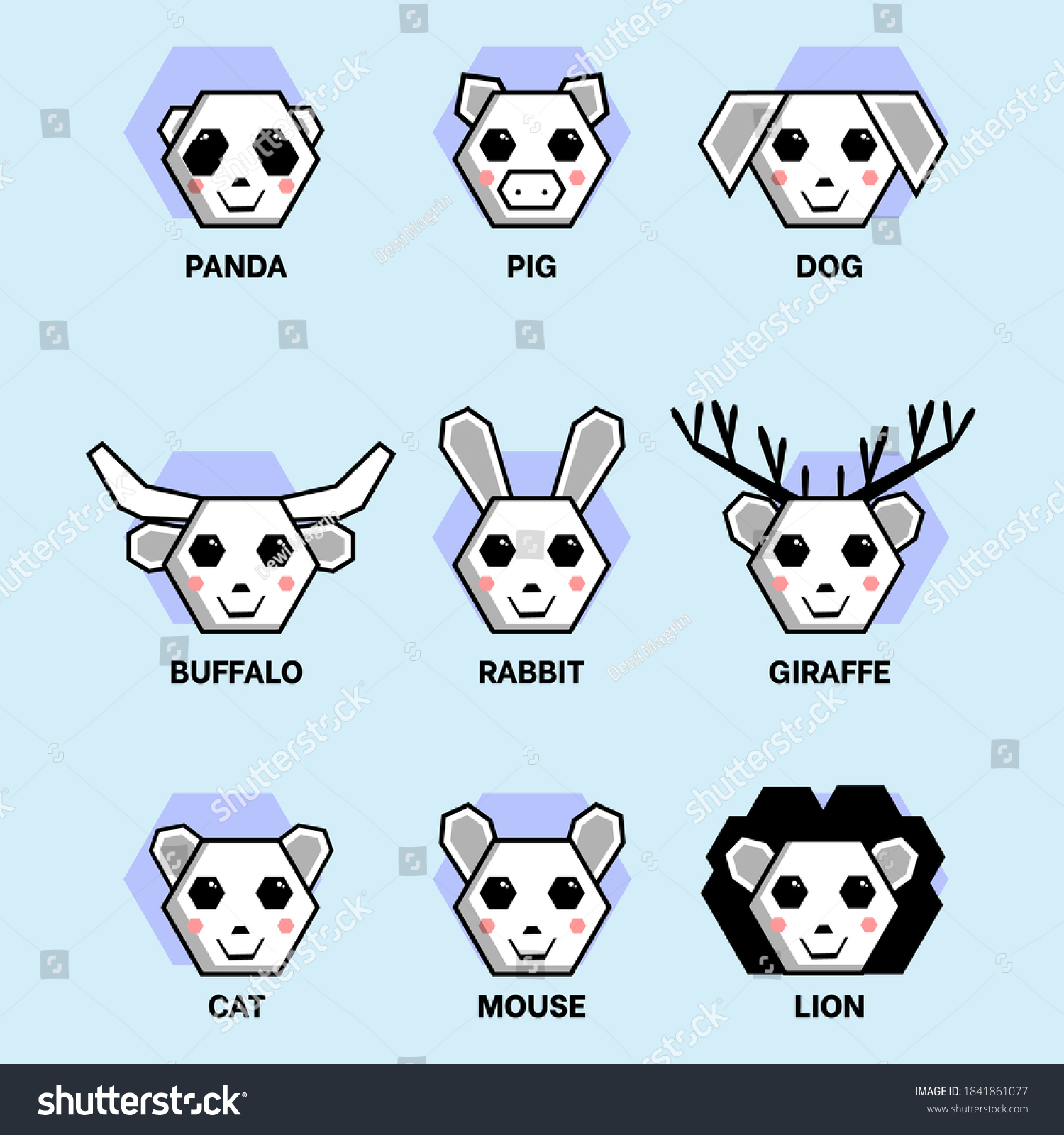 Cartoon Animal Face Icon Collection Hexagon Stock Vector (Royalty Free ...