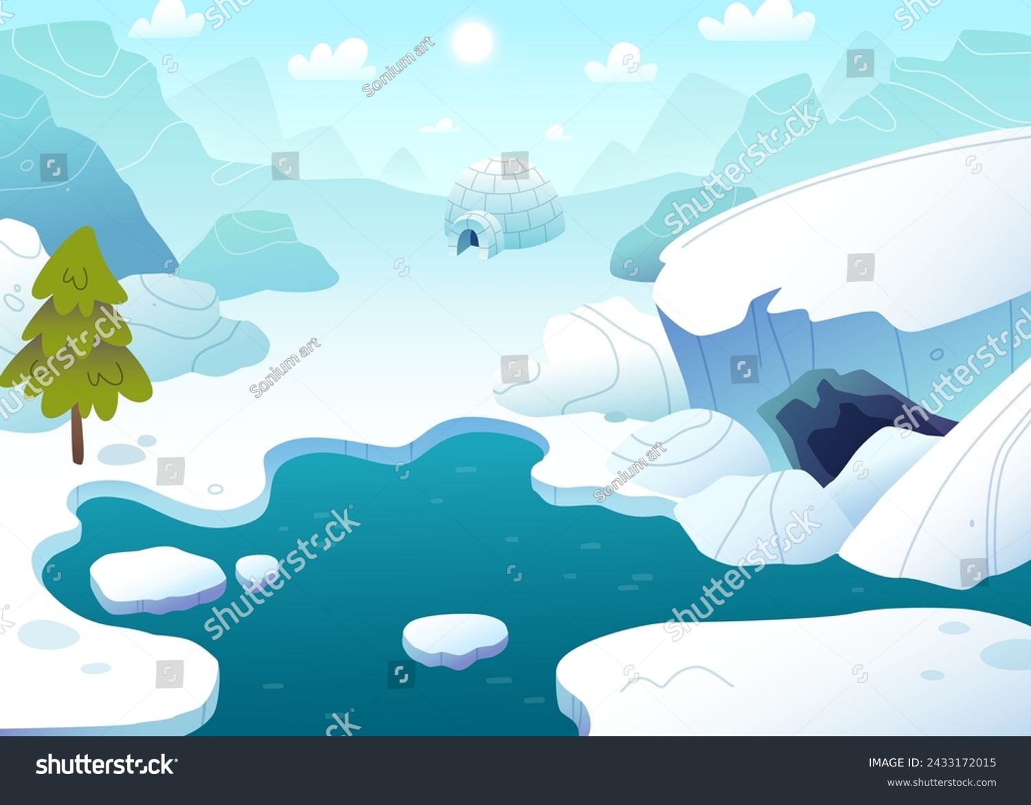 SVG of Cartoon arctic landscape. Northern stylized vector background. Polar day empty background. svg