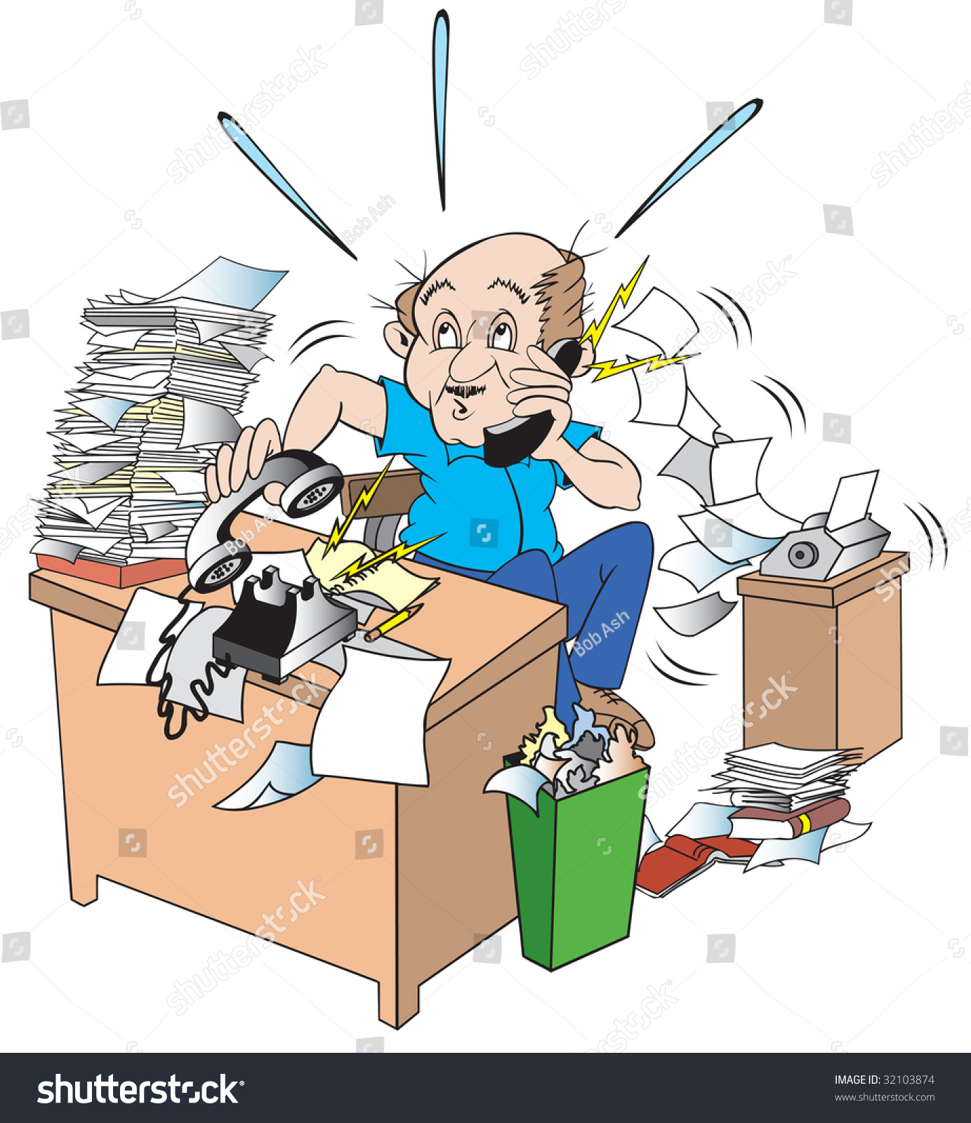 Cartoon Art Of A Man Trying To Answer Two Phones At Same Time. His Desk ...