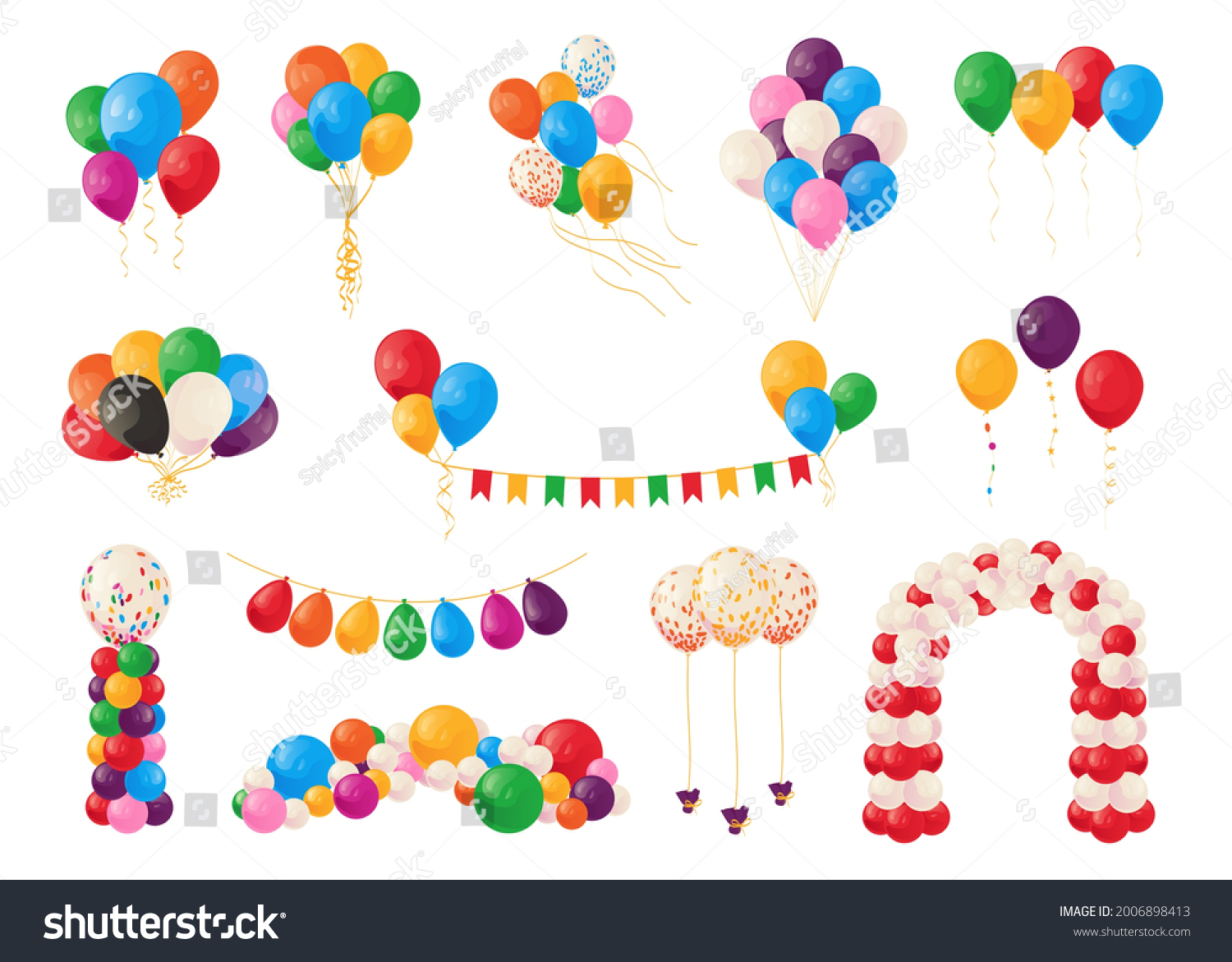 SVG of Cartoon balloons. Birthday party celebrate and carnival decoration elements. Bunch of festive bright glossy helium spheres. Garland and arch template. Vector flying inflated balls set svg