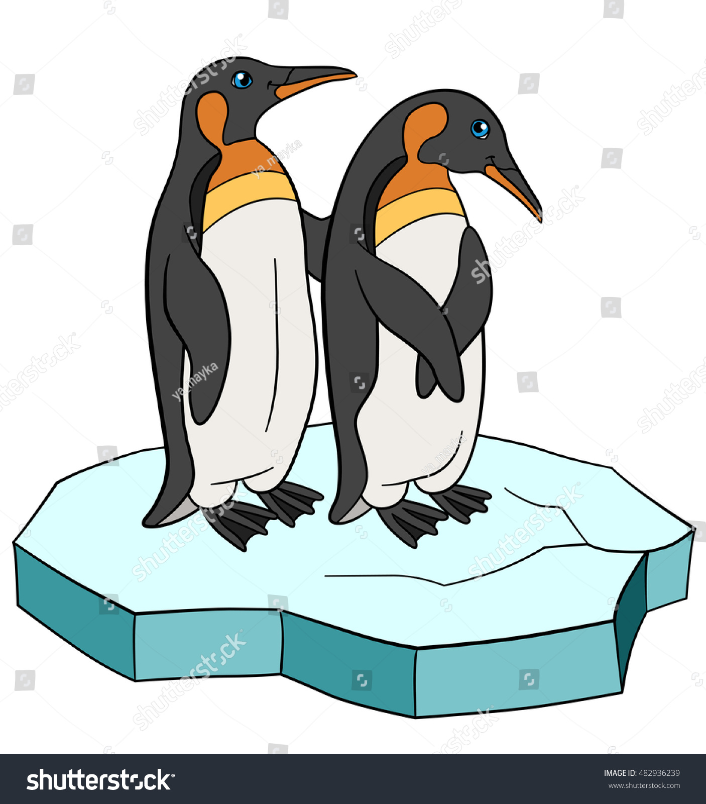 Cartoon Birds. Two Little Cute Penguins Stand On The Ice-Floe And Smile ...