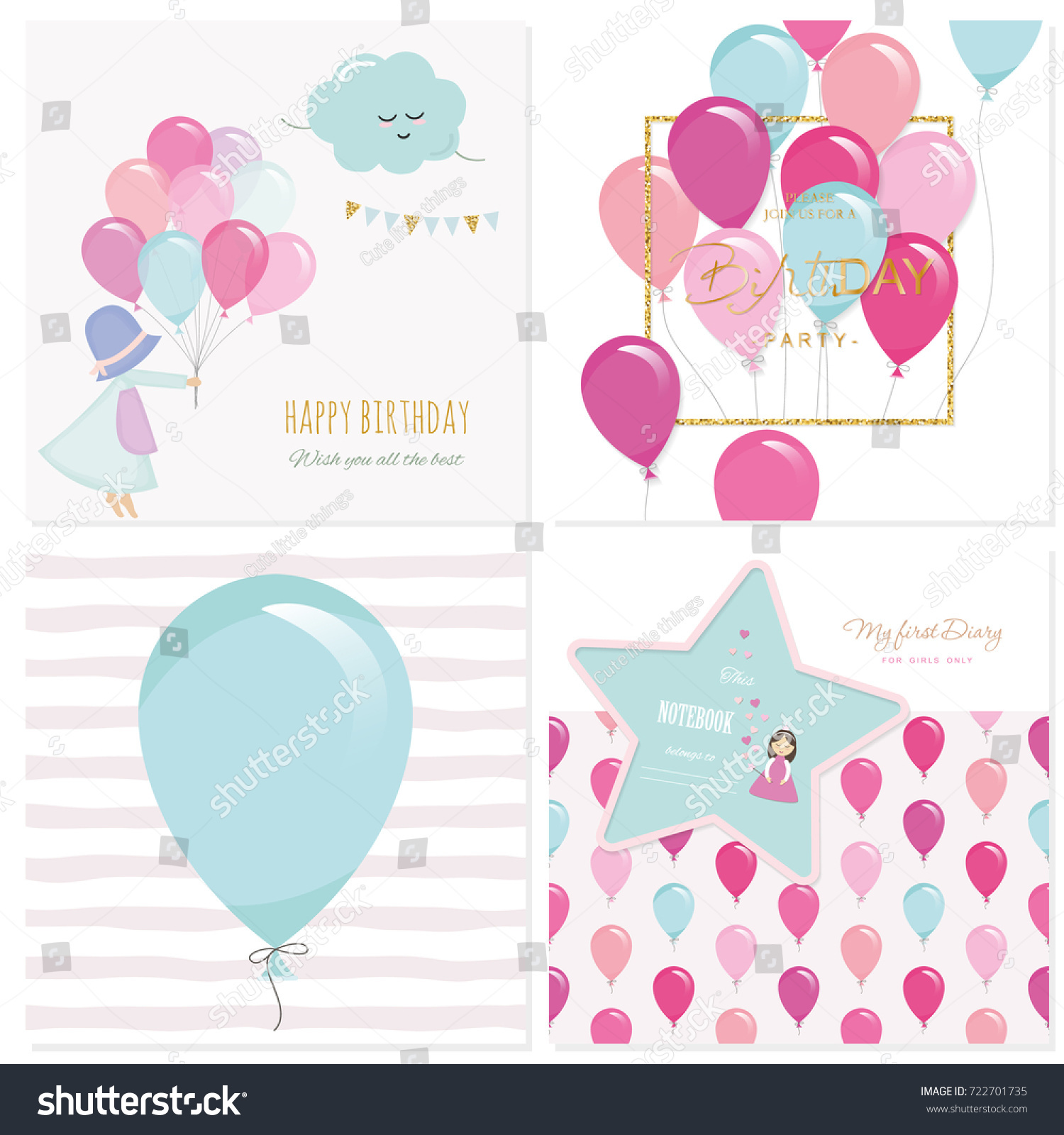 Cartoon Birthday Card Templates Girls Stock Vector (Royalty Free) 722701735