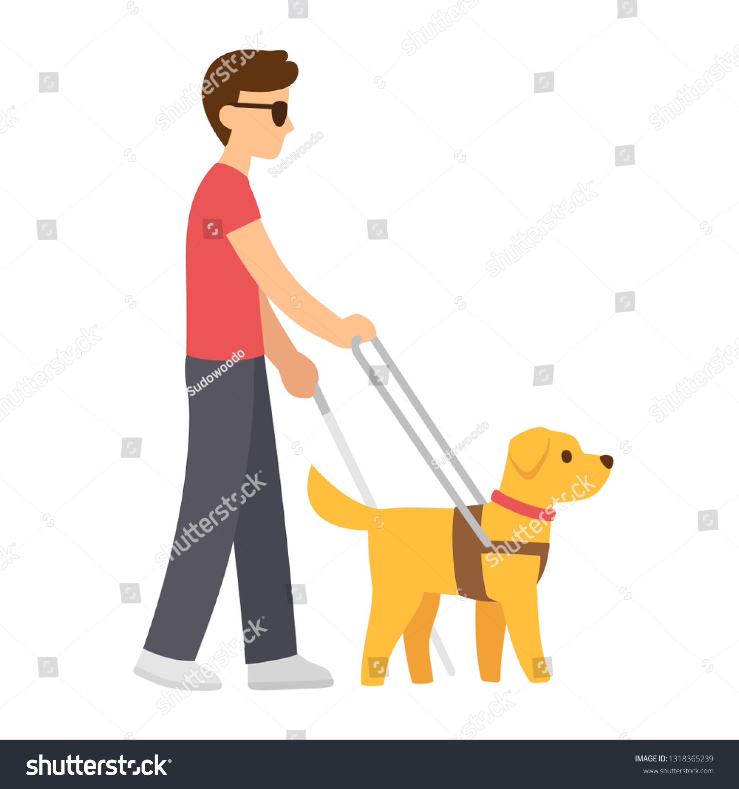 SVG of Cartoon blind man with cane and guide dog. Walking with Seeing Eye dog vector illustration. svg