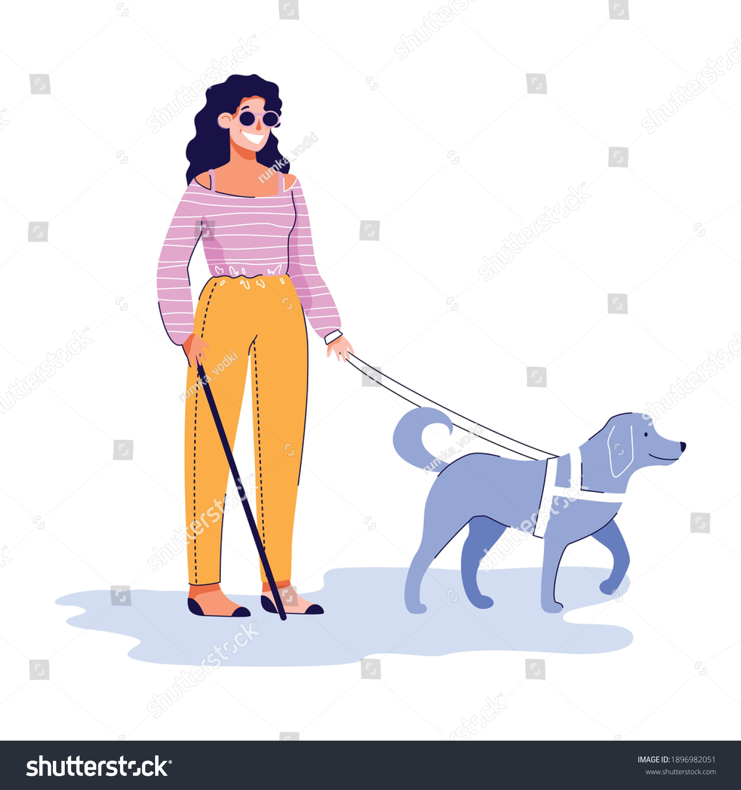 SVG of Cartoon blind woman walking with guide dog and cane - person with vision loss disability smiling and strolling with service animal. Flat isolated vector illustration. svg