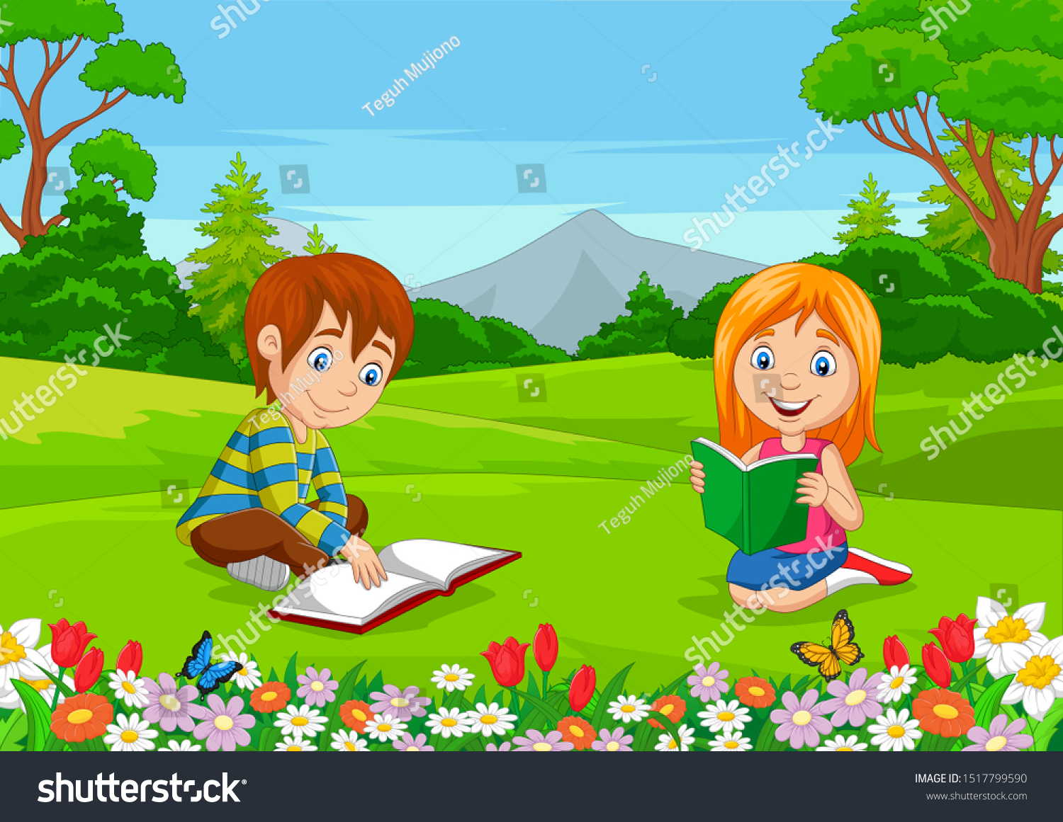 Cartoon Boy Girl Reading Books Park Stock Vector Royalty Free
