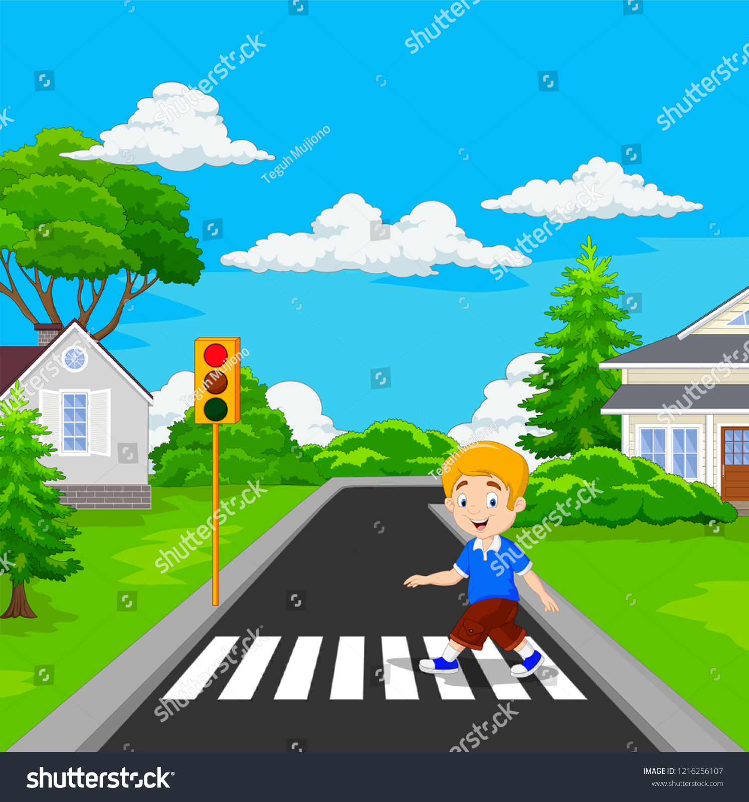 Cartoon Boy Walking Across Crosswalk Stock Vector Royalty Free