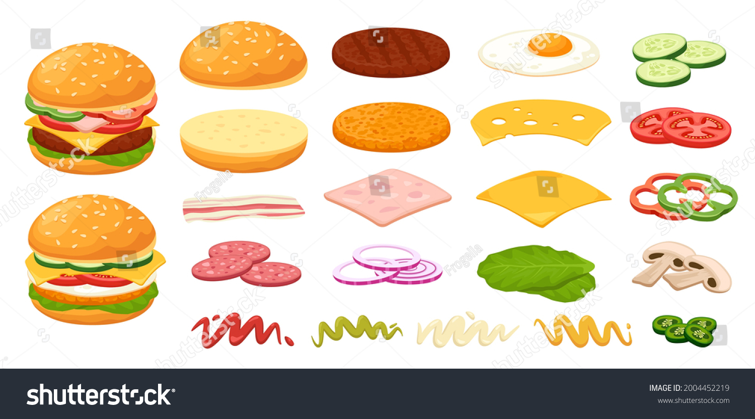 SVG of Cartoon burger ingredients. Bun, cheese, roasted egg, pickle, sliced tomato, onion. Fast food burgers constructor, sandwich ingredient vector set. American lunch, meat and vegetables svg