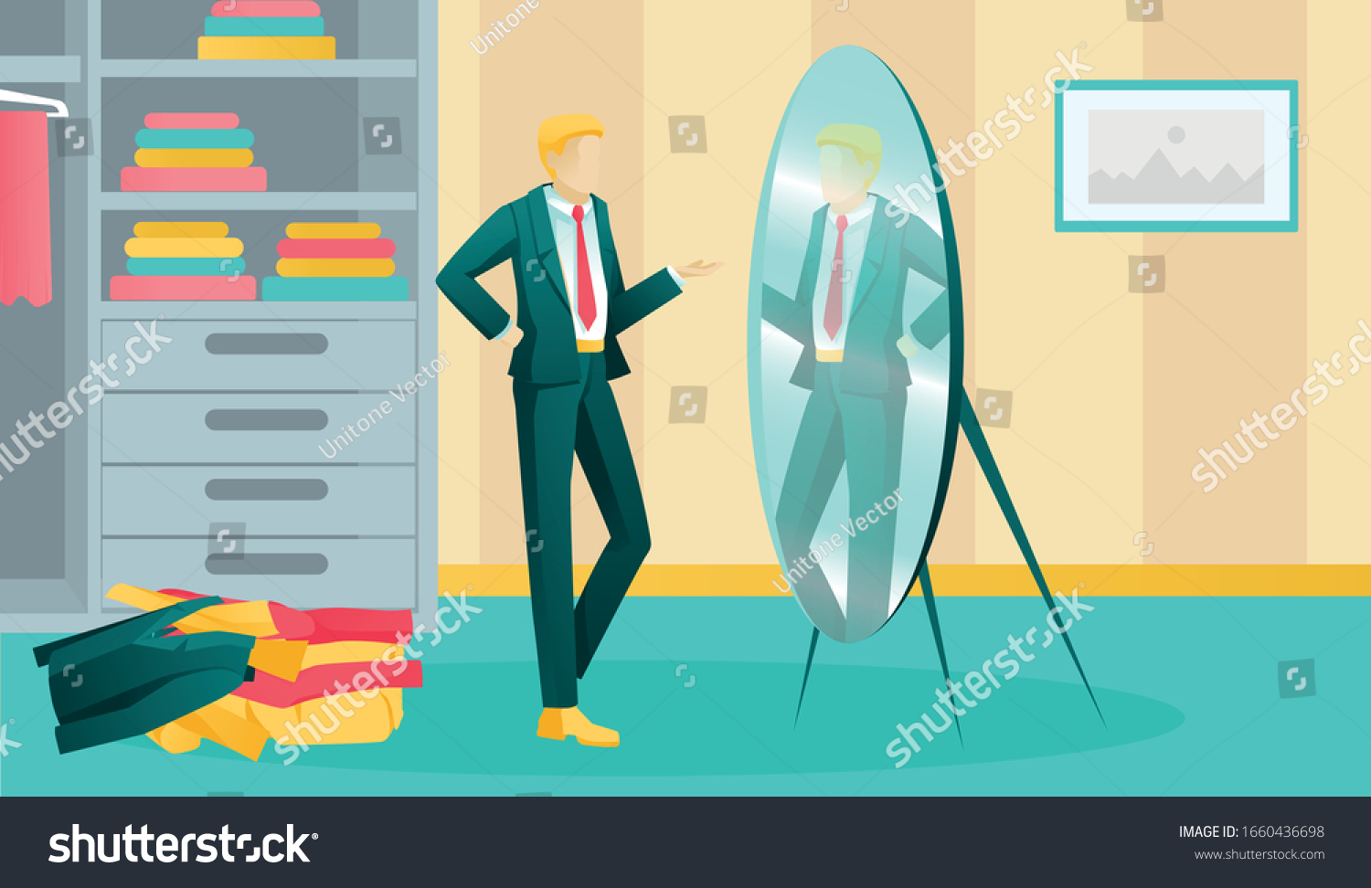 SVG of Cartoon Businessman Character Choosing Suit for Business Meeting. Man Trying on Clothes at Home. Guy Rehearsing Speech before Job Interview. Mirror with Male Reflection. Vector Flat Illustration svg