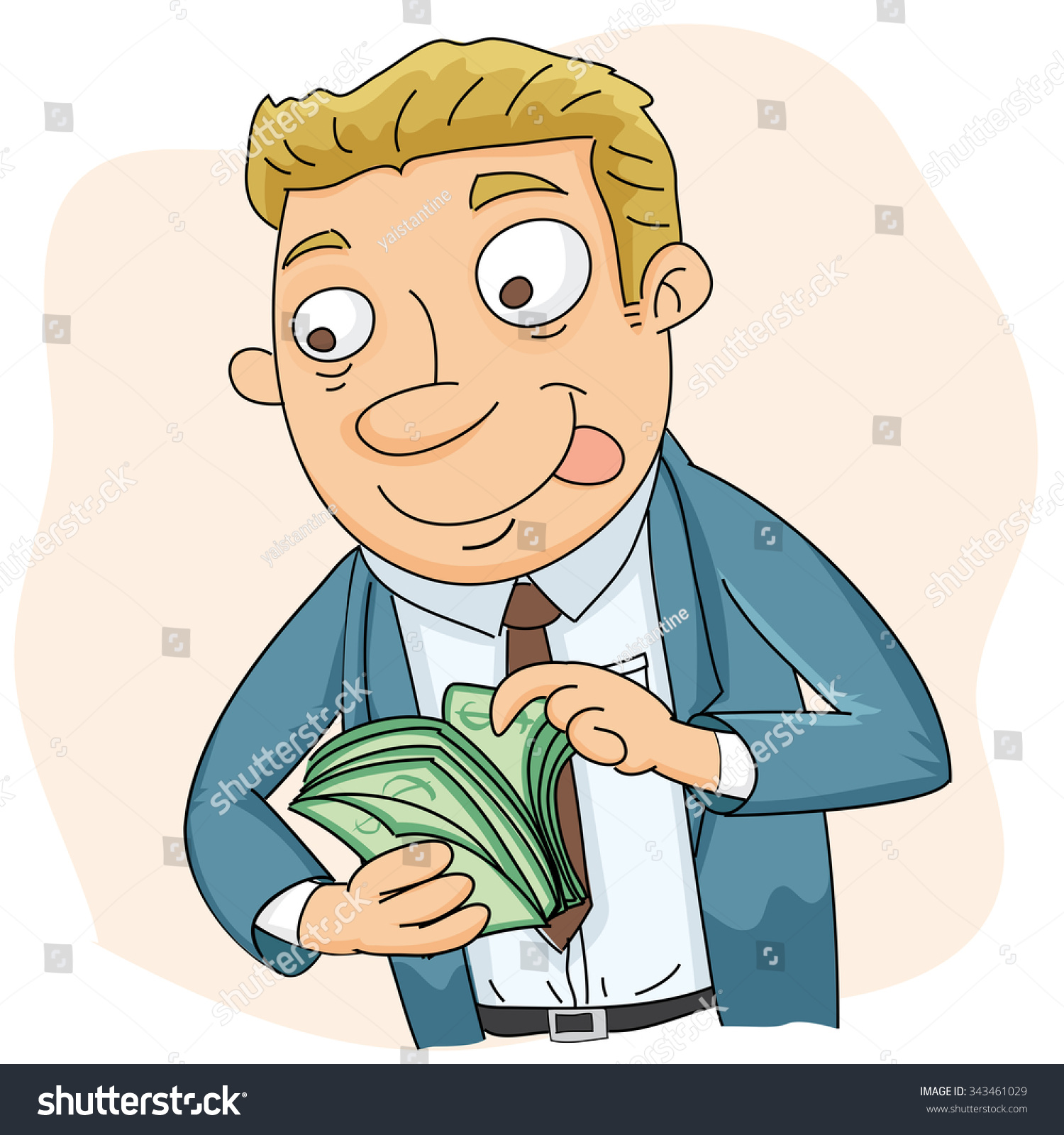 Cartoon Businessman Counting Money Smile Expression Stock Vector