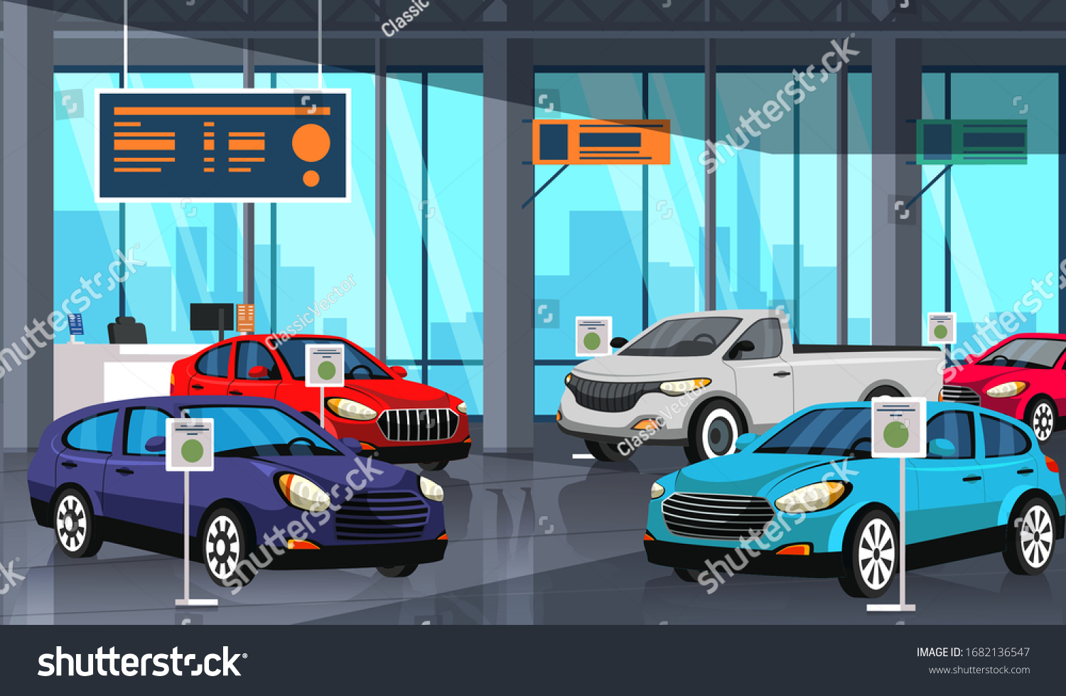 SVG of Cartoon car showroom center with autos exhibition inside. Automobile dealership store shop interior. New modern vehicles models demonstration, sale and trading. Vector flat illustration svg
