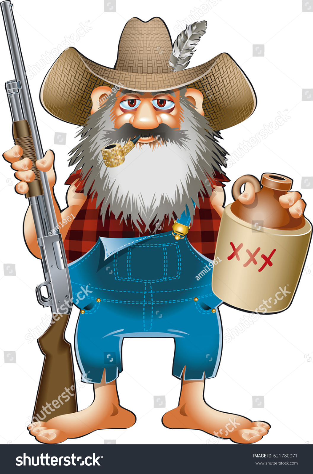 Cartoon Caricature Hillbilly Shotgun Whiskey Jug Stock Vector (Royalty