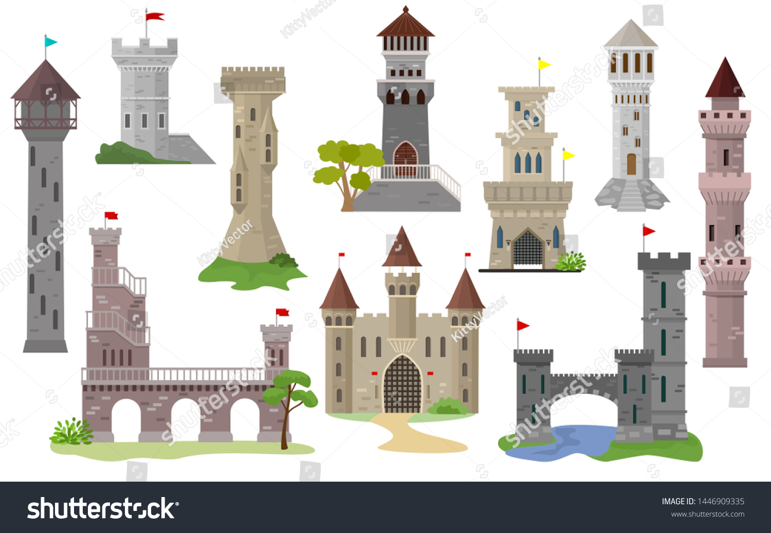 SVG of Cartoon castle vector fairytale medieval tower of fantasy palace building in kingdom fairyland illustration set of historical fairy-tale house isolated on white background svg