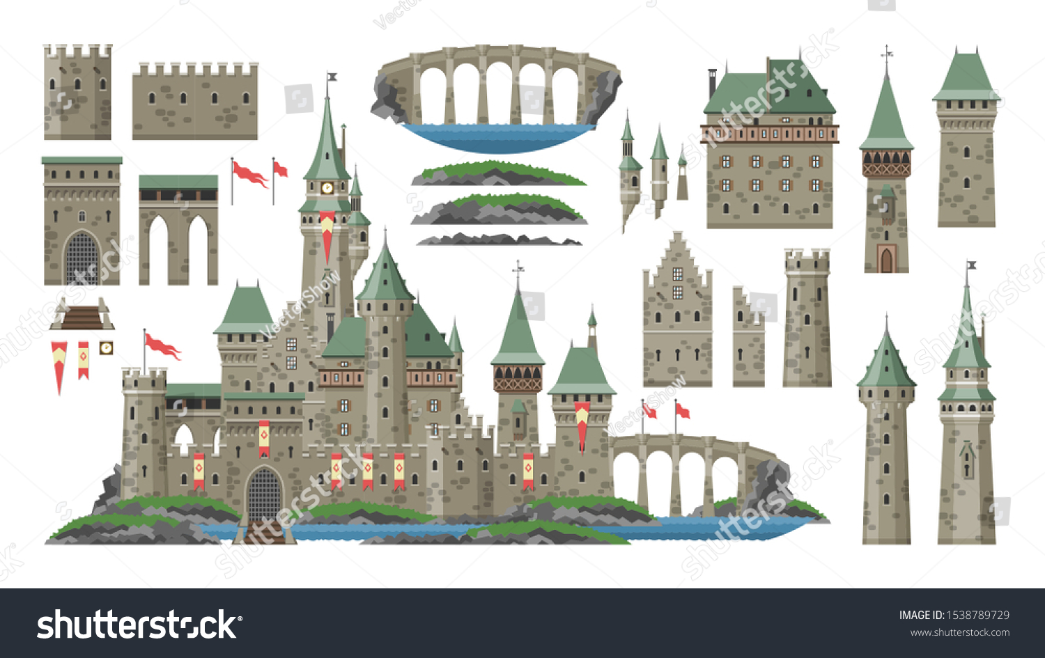 SVG of Cartoon castle vector fairytale medieval tower of fantasy palace building in kingdom fairyland illustration. Set of historical fairy-tale house bastion constructor isolated on white background. svg