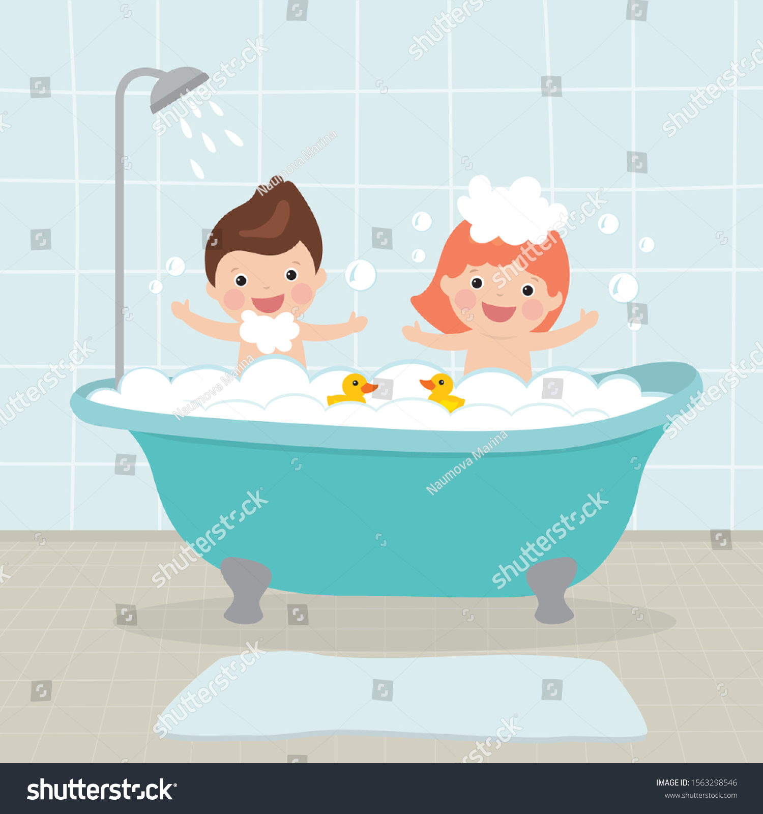 Cartoon Caucasian Small Kids Takes Bath Stock Vector (Royalty Free ...