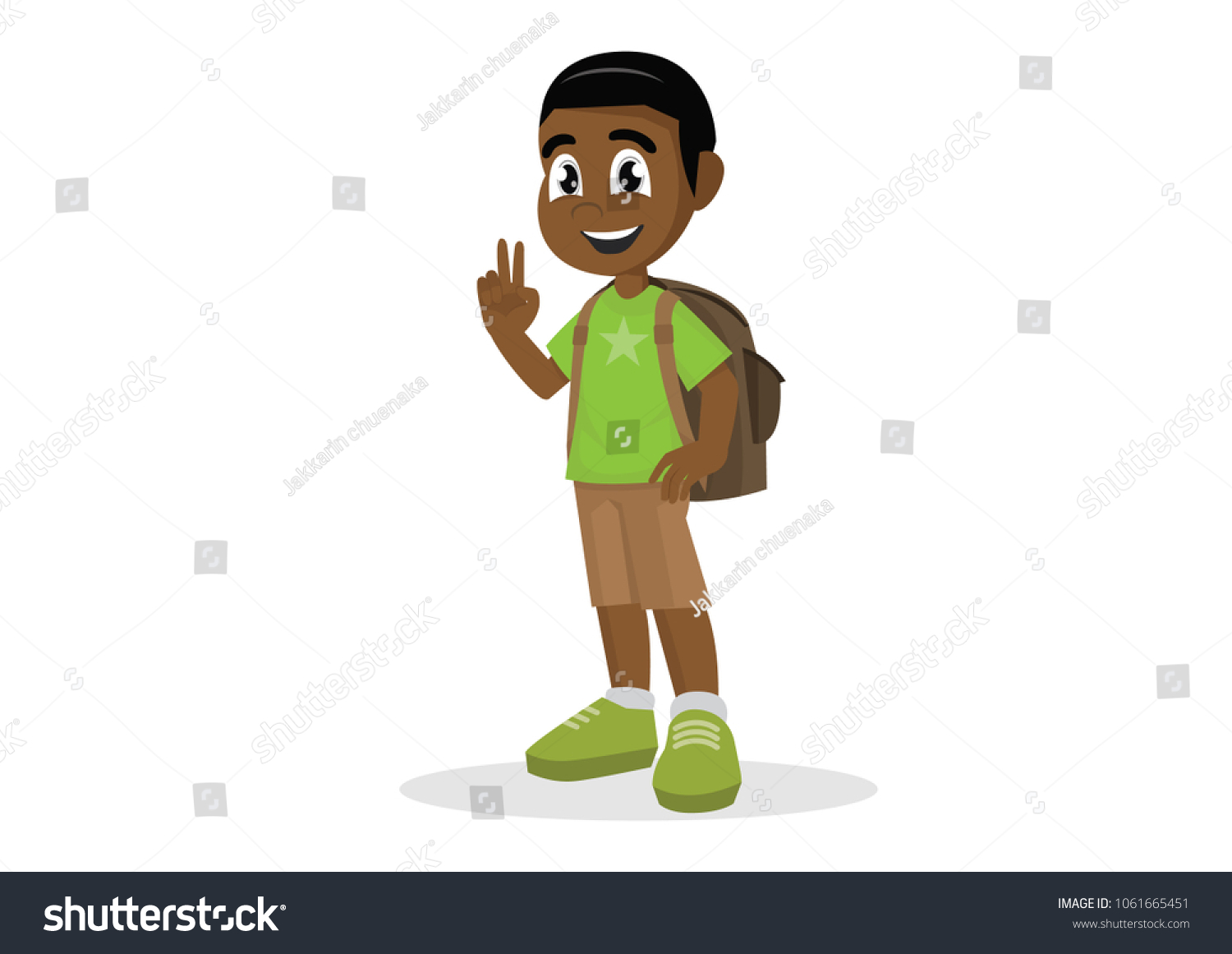 SVG of Cartoon character, African Boy with a school satchel show two fingers as v sign.,vector eps10 svg
