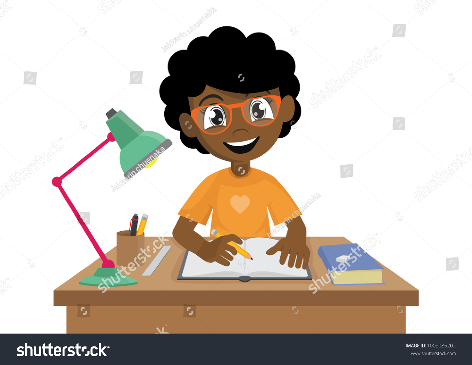 Cartoon Character African Girl Makes Homework Stock Vector Royalty Free