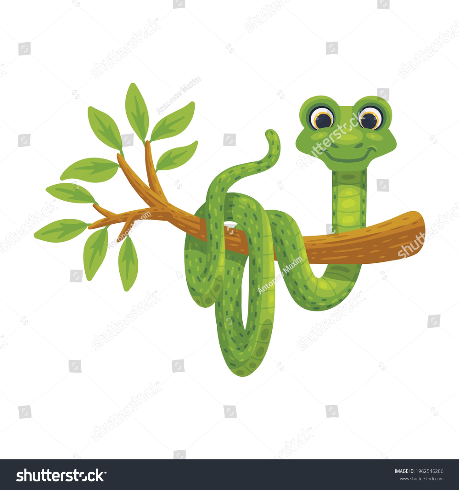 Cartoon Character Green Snake Hanging On Stock Vector (Royalty Free ...