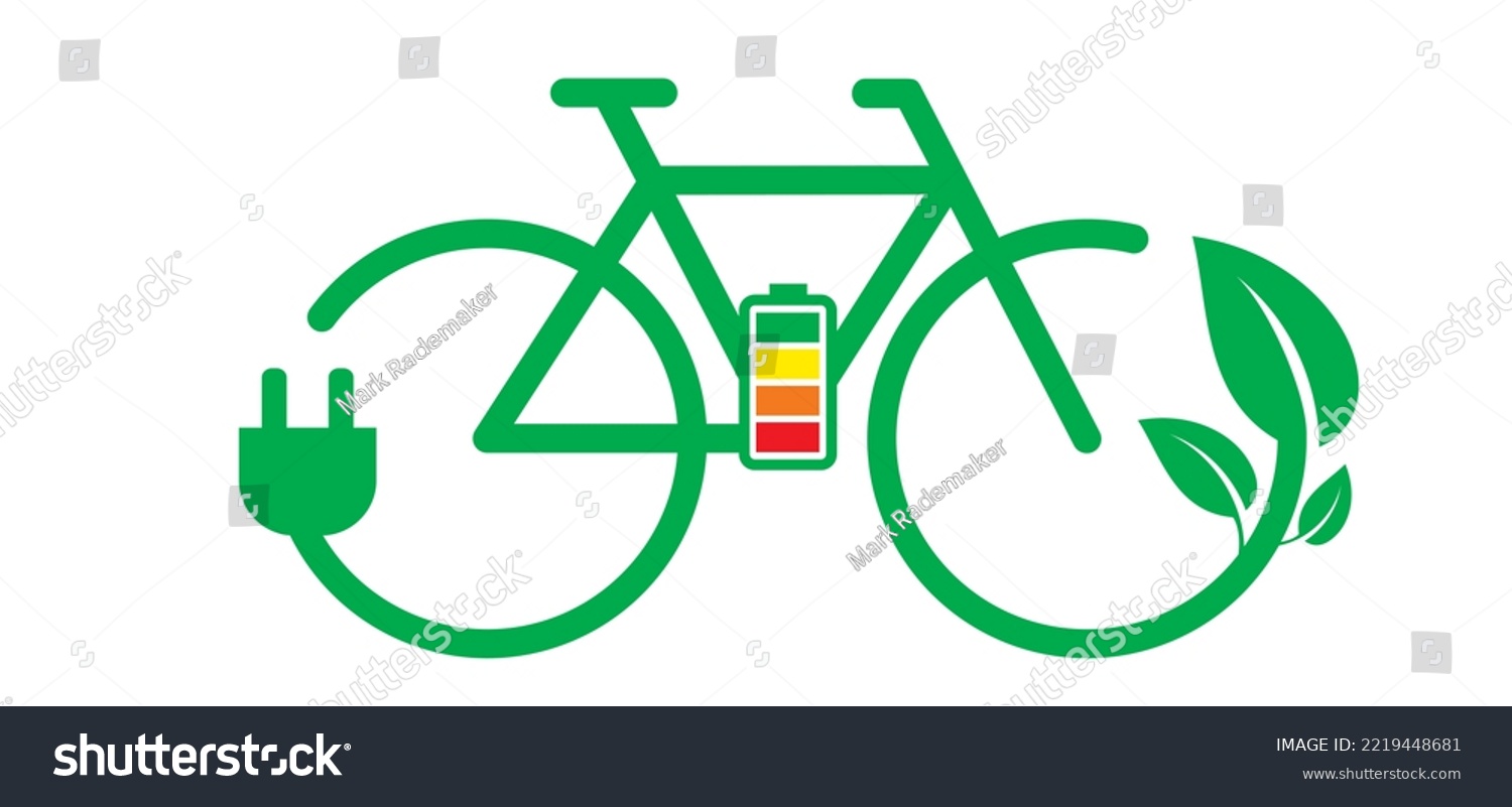 SVG of Cartoon charging point cable battery station for an electric ebike e bike. Bicycle, charge, plug and bio, eco green power. Vector sport symbol or logo. cyclist riding. City e-bike, in location. svg