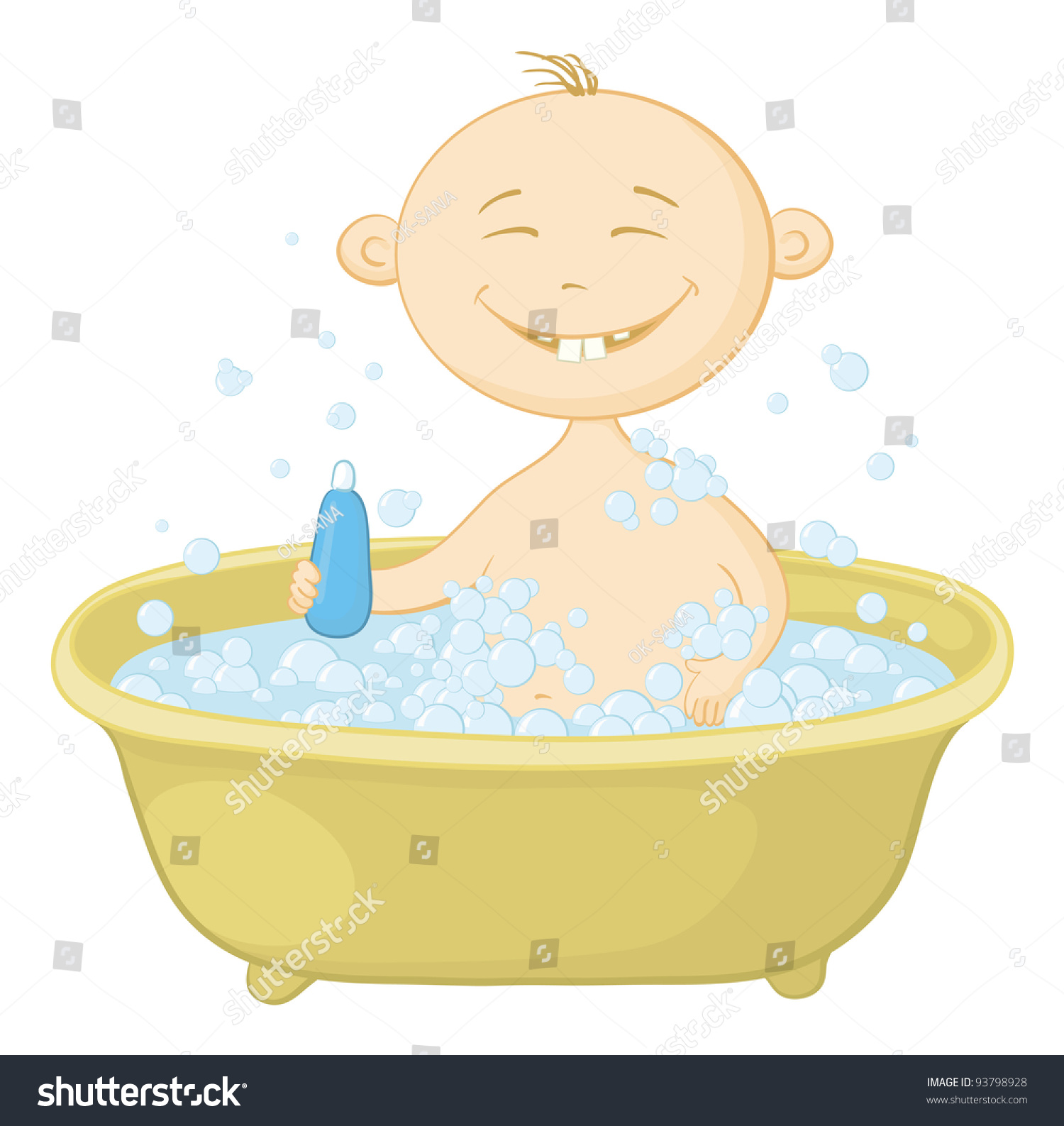 Cartoon, Cheerful Smiling Child Sitting In A Bath With Soap And Holding ...