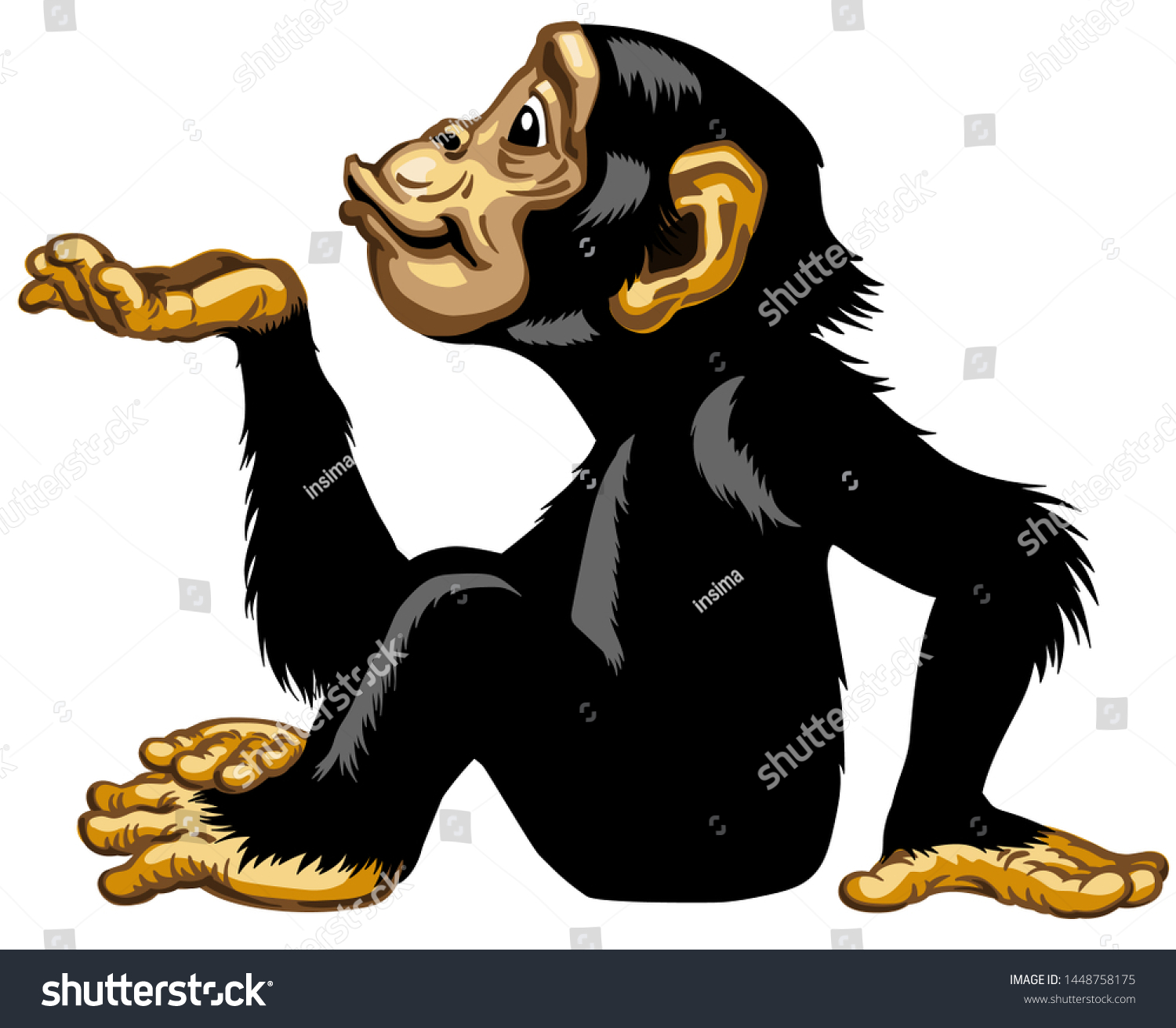 手のひらを空にしたままにした漫画のチンパンジー 座った姿勢でエアーキスをする大猿かチンパンジー猿 ポジティブな魅力的な喜びと幸せな感情 側面図分離型ベクターイラスト のベクター画像素材 ロイヤリティフリー
