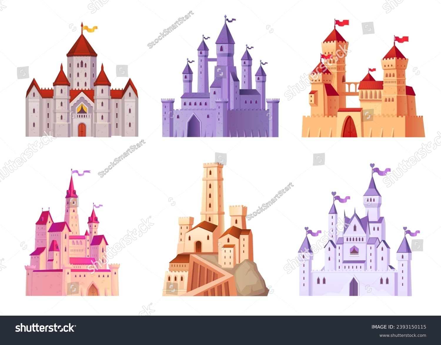 SVG of Cartoon citadels. Ancient castle fortress, historic ruins fairytale kingdom king palace princess tower gothic mansion renaissance architecture chateau ingenious vector illustration svg