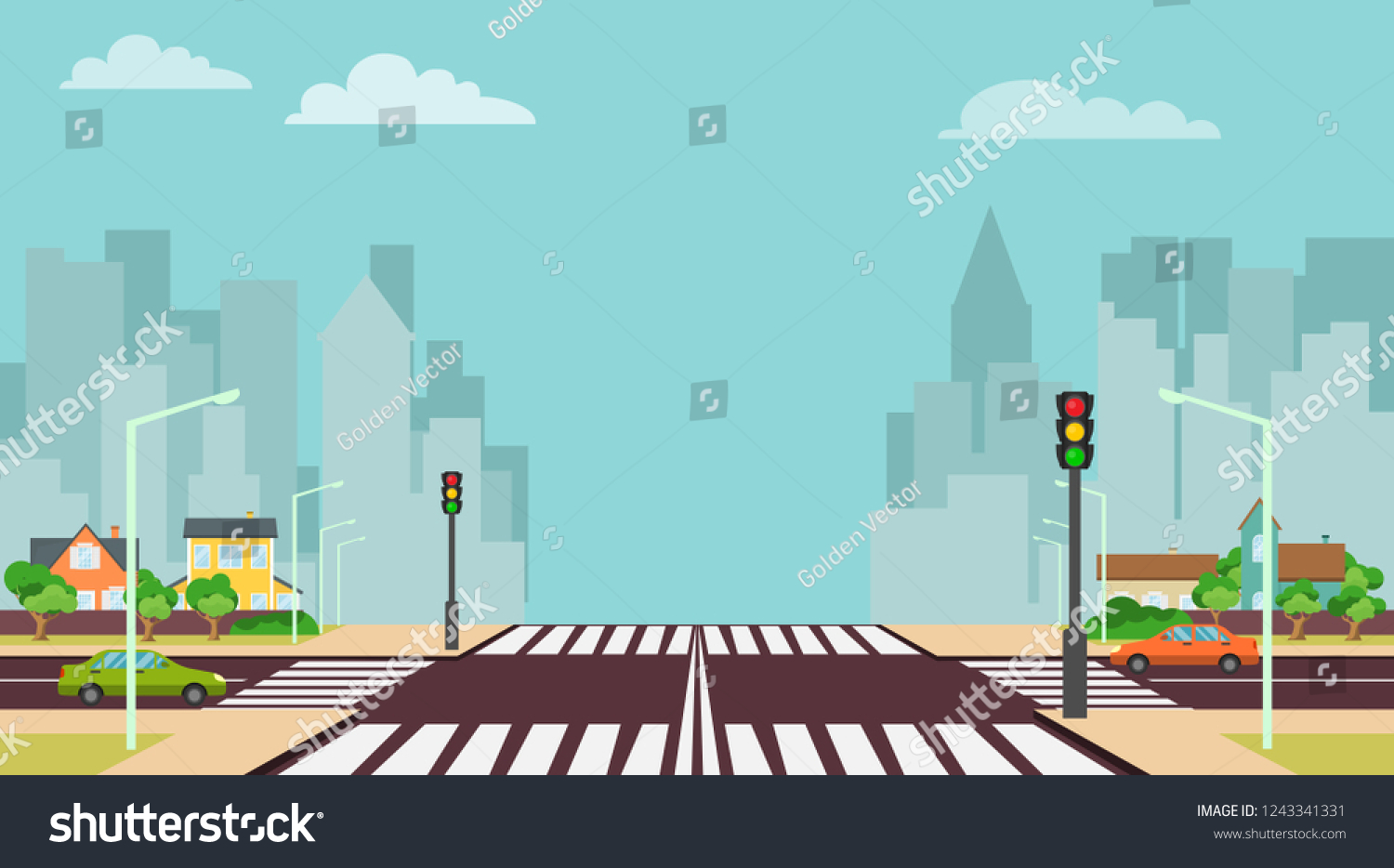 Cartoon City Crossroads Traffic Lights Sidewalk Stock Vector (Royalty ...