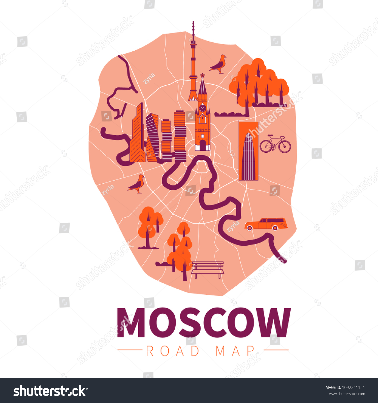 Cartoon City Map Moscow Russia Towns Stock Vector Royalty Free