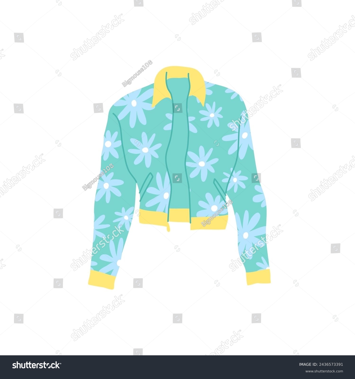 SVG of Cartoon Clothe Female Blue Yellow Jacket Flowers Print Concept Flat Design Style Isolated on a White Background. Vector illustration svg