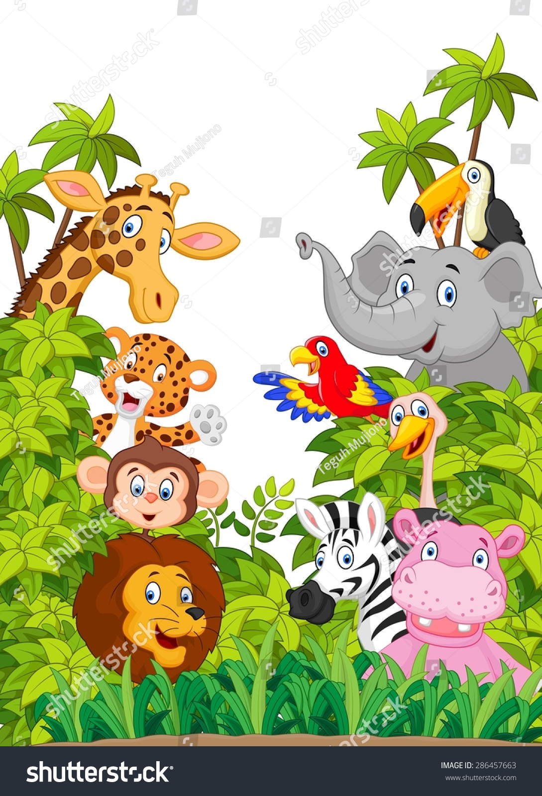 Cartoon Collection Happy Animal In The Jungle Stock Vector Illustration