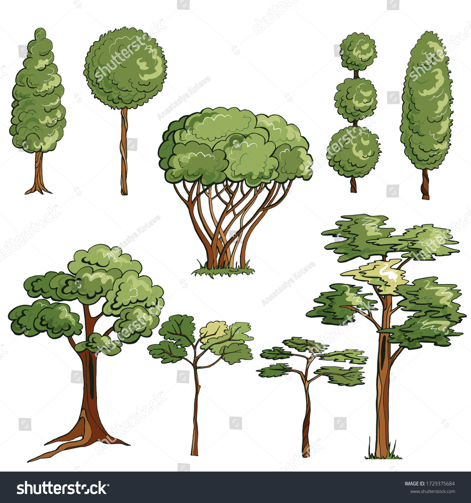 Cartoon Color Tree Bush Set Vector Stock Vector (Royalty Free ...