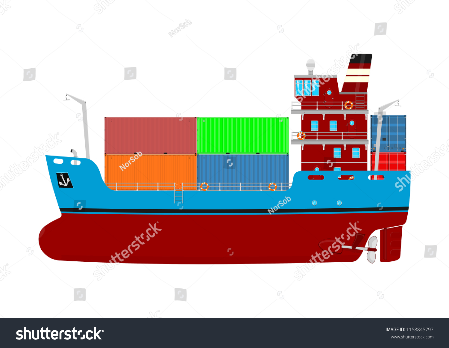 Cartoon Container Ship Modern Cargo Ship On A White Background Side