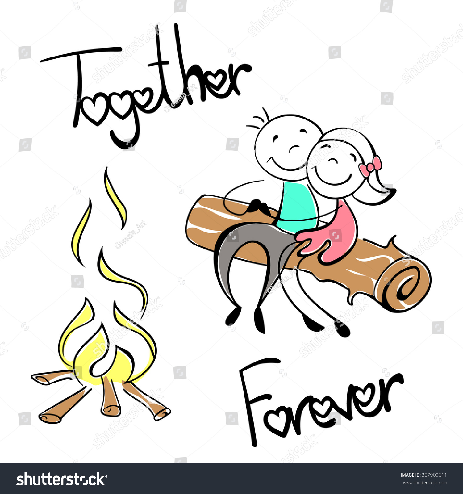 Cartoon Couple Doodle Picnic Near Fire Stock Vector Royalty Free