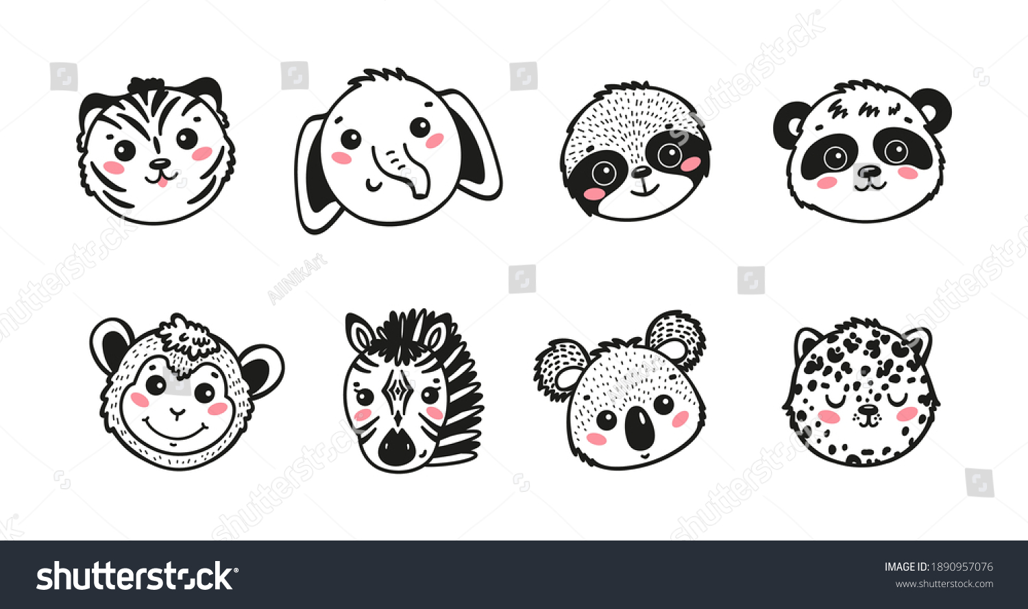 Cartoon Cute Animal Faces Vector Set Stock Vector (Royalty Free) 1890957076