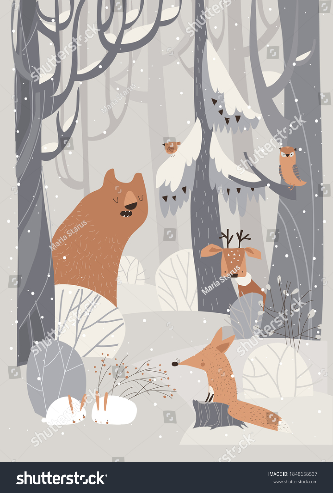 Cartoon Cute Animals Meeting Winter Forest Stock Vector Royalty Free