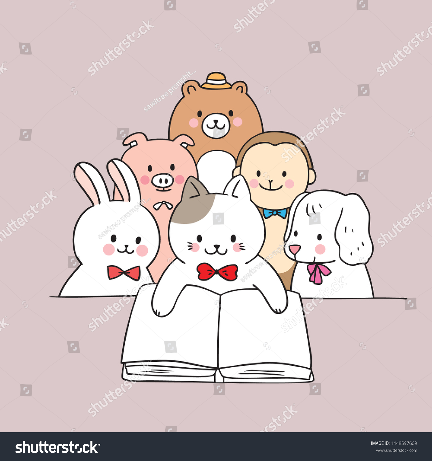 Cartoon Cute Animals Reading Book Vector Stock Vector (Royalty Free ...