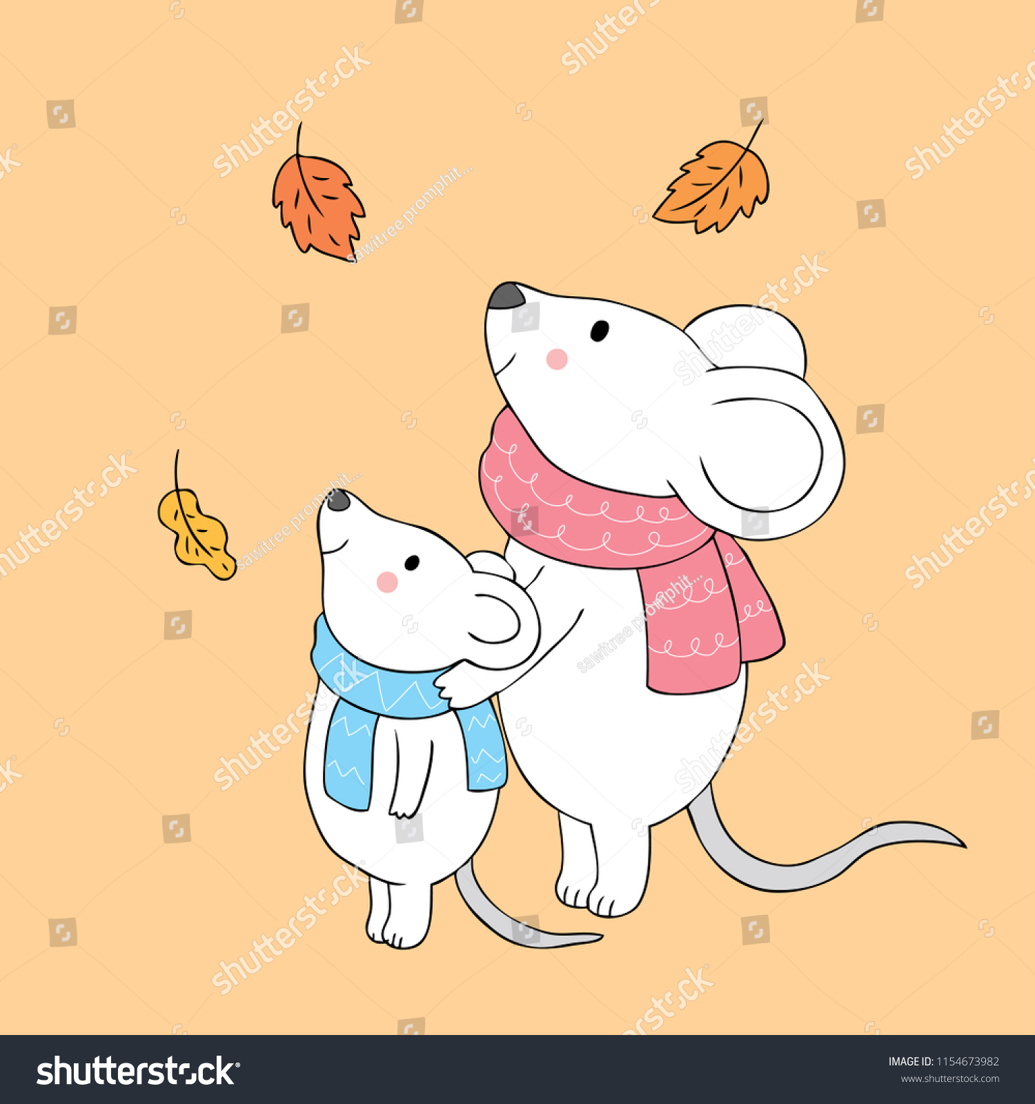 Cartoon Cute Autumn Mom Baby Mice Stock Vector Royalty Free